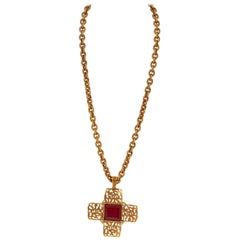 1980's Chanel Red Gripoix Gold Cross Necklace