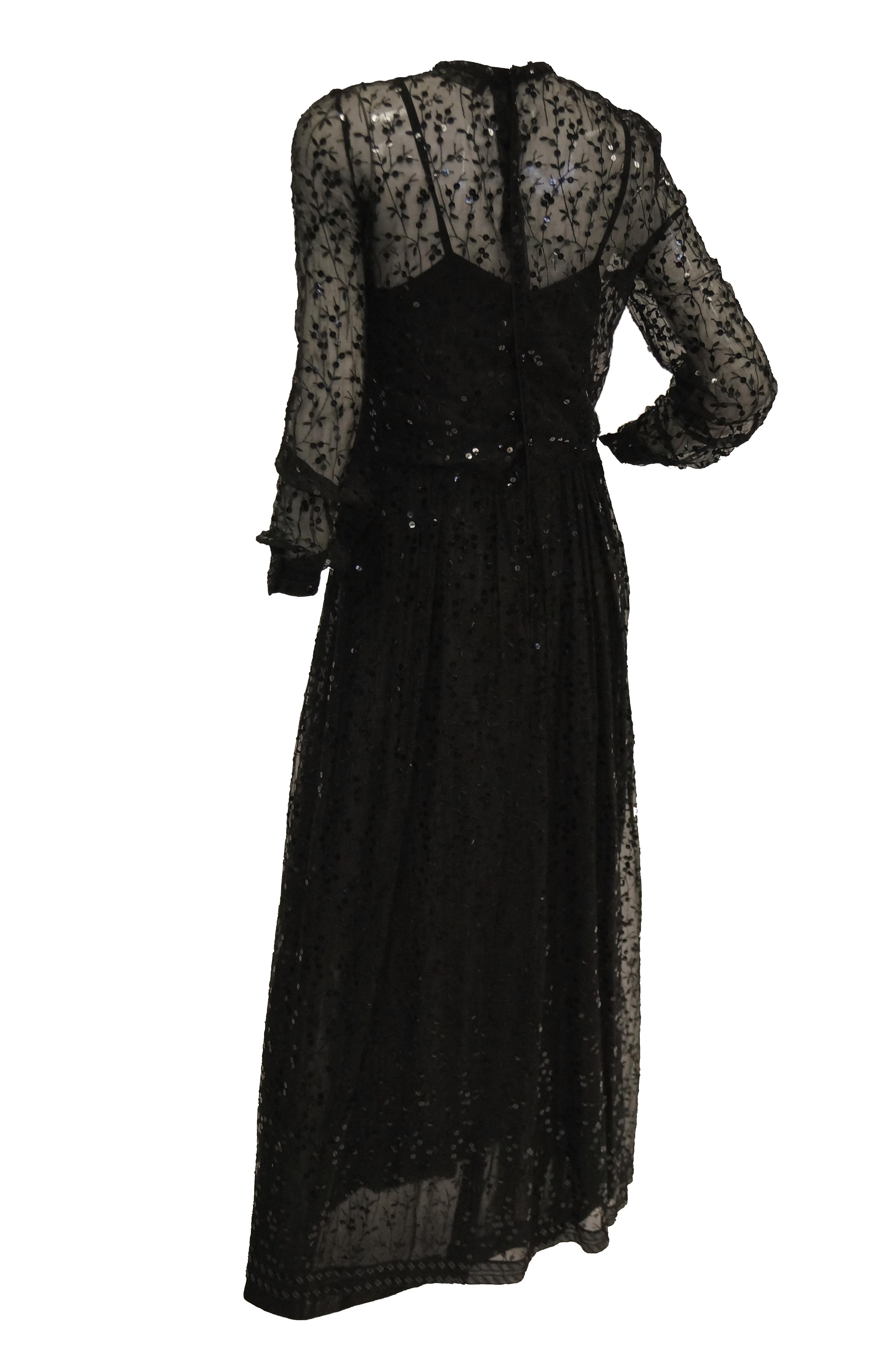 1980s Chanel Sheer Black Silk Evening Dress with Floral Embroidery and Sequins In Excellent Condition In Houston, TX