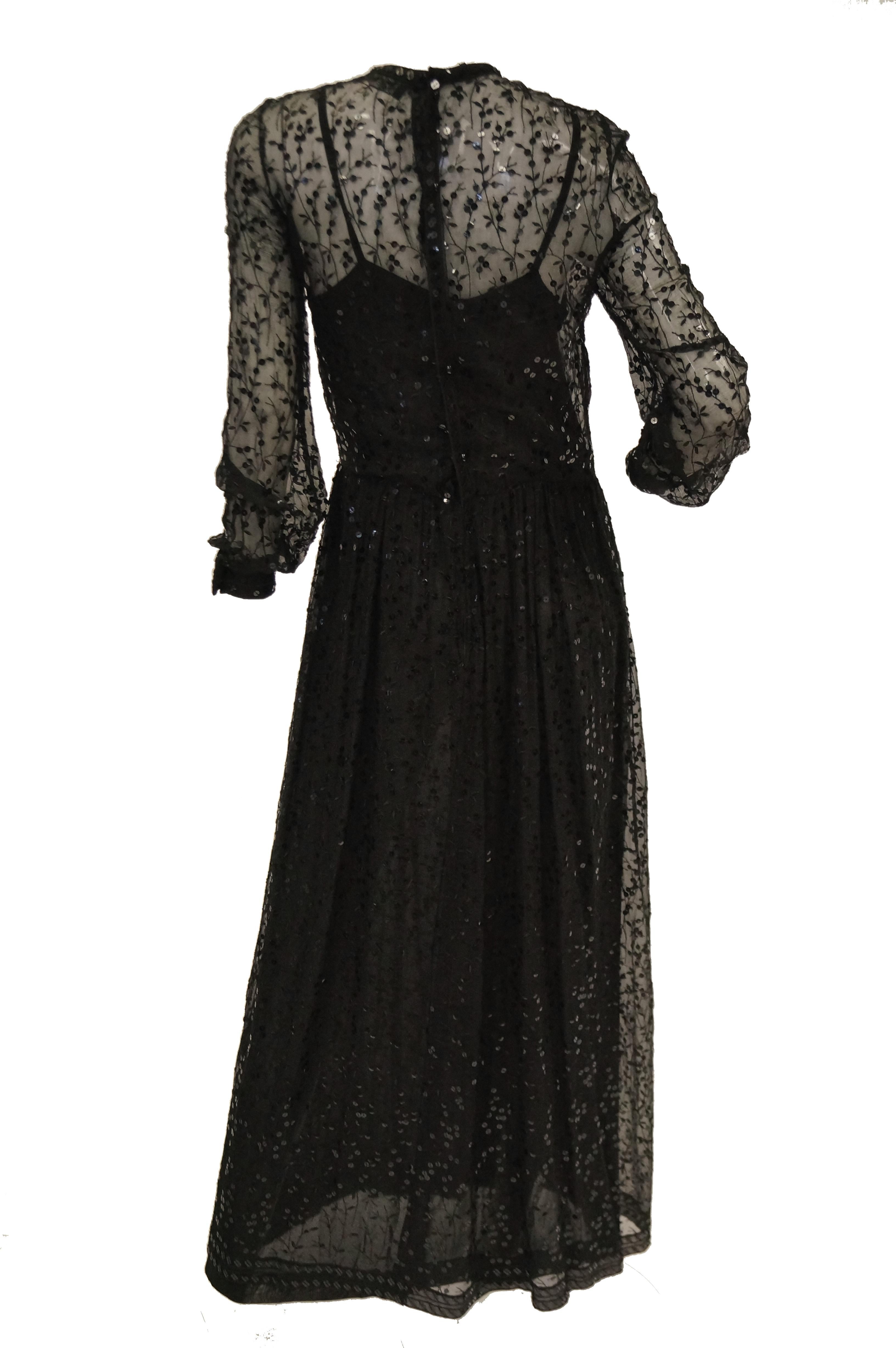 Women's 1980s Chanel Sheer Black Silk Evening Dress with Floral Embroidery and Sequins