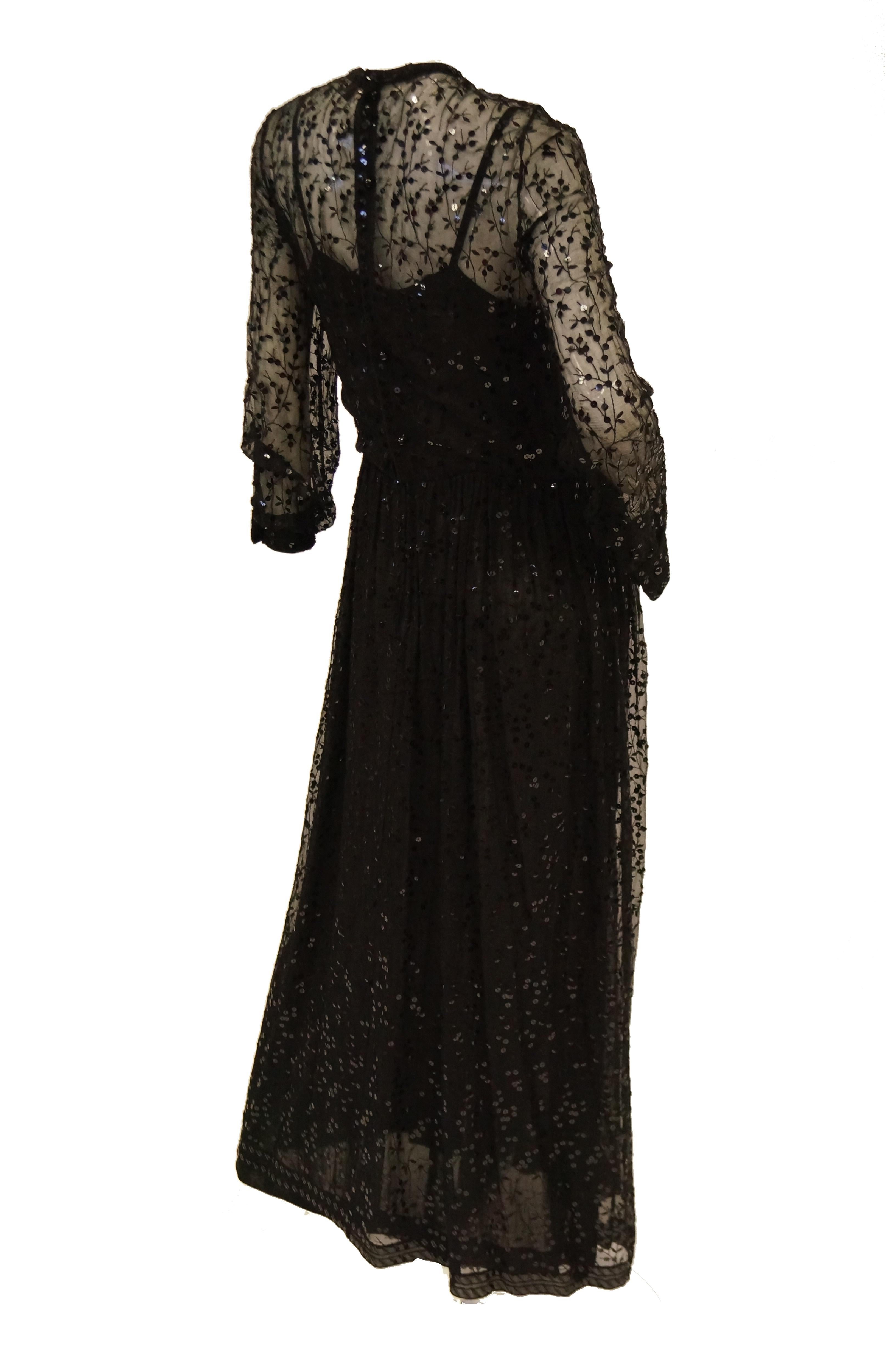 1980s Chanel Sheer Black Silk Evening Dress with Floral Embroidery and Sequins 1