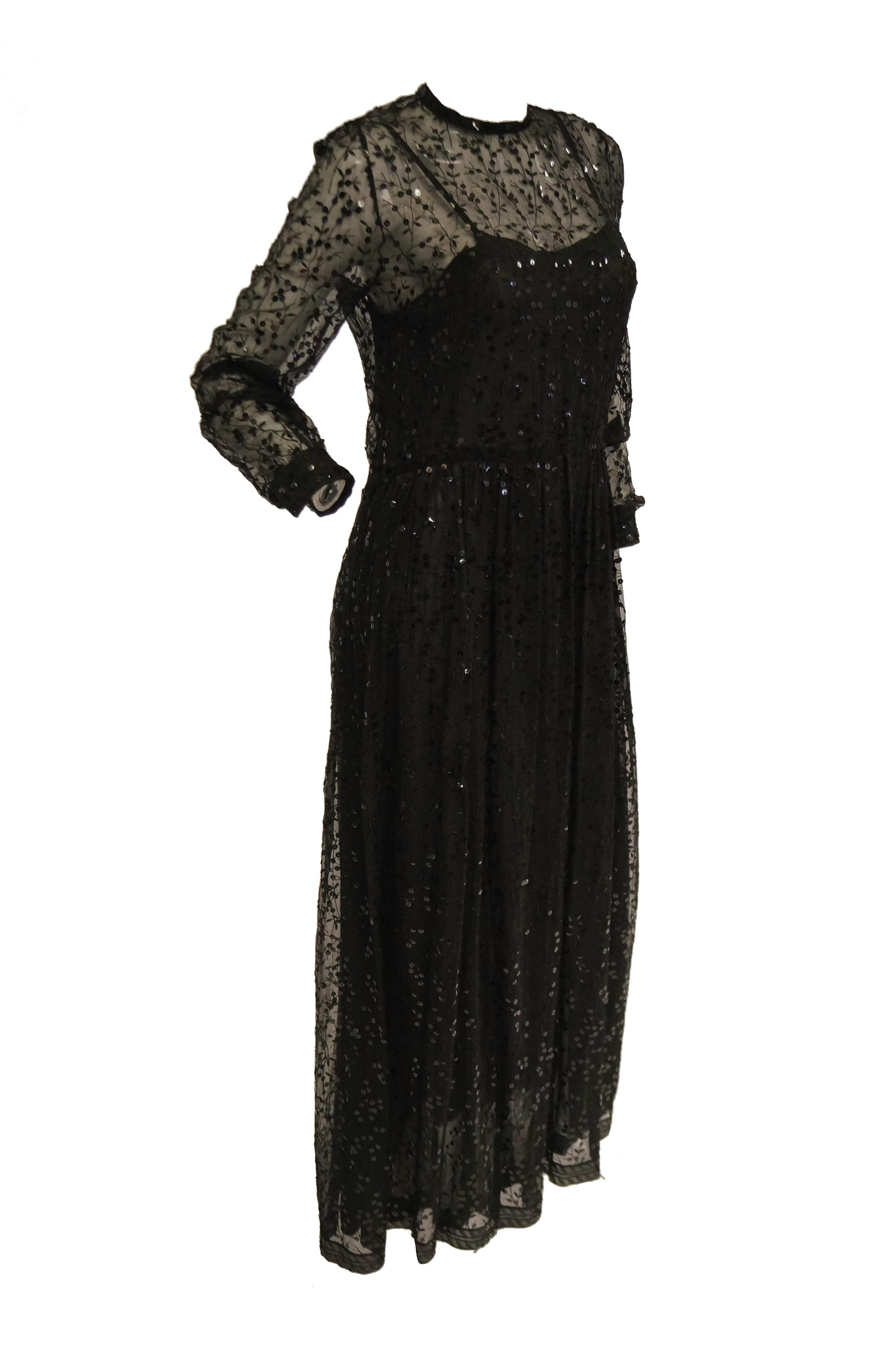 1980s Chanel Sheer Black Silk Evening Dress with Floral Embroidery and Sequins 2
