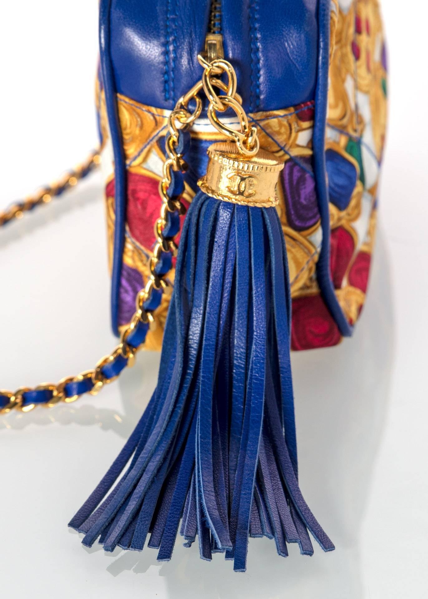 1990s Chanel Silk Gripoix Jewel Print Blue Leather Tassel Chain Crossbody Bag In Excellent Condition In Boca Raton, FL