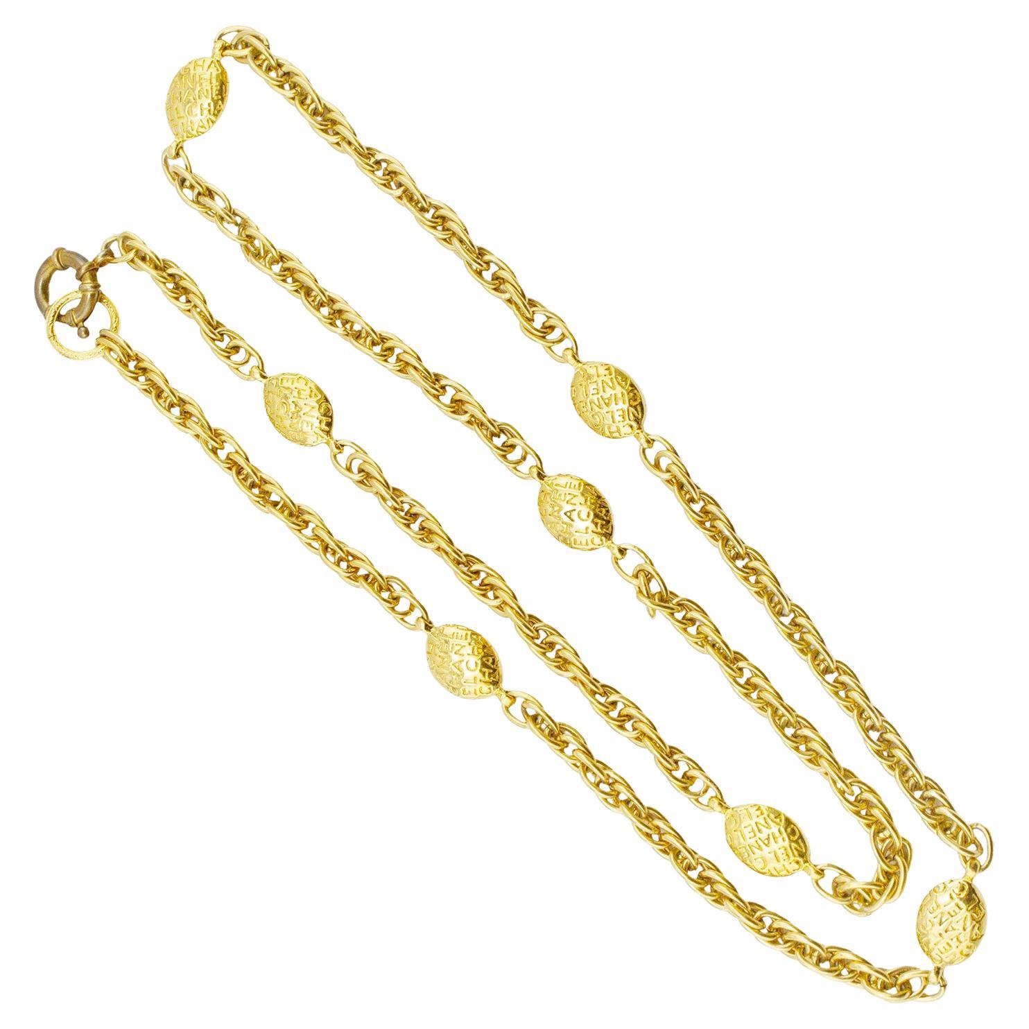 1980s Chanel Single Chain Necklace with Oval Engraved Links  For Sale