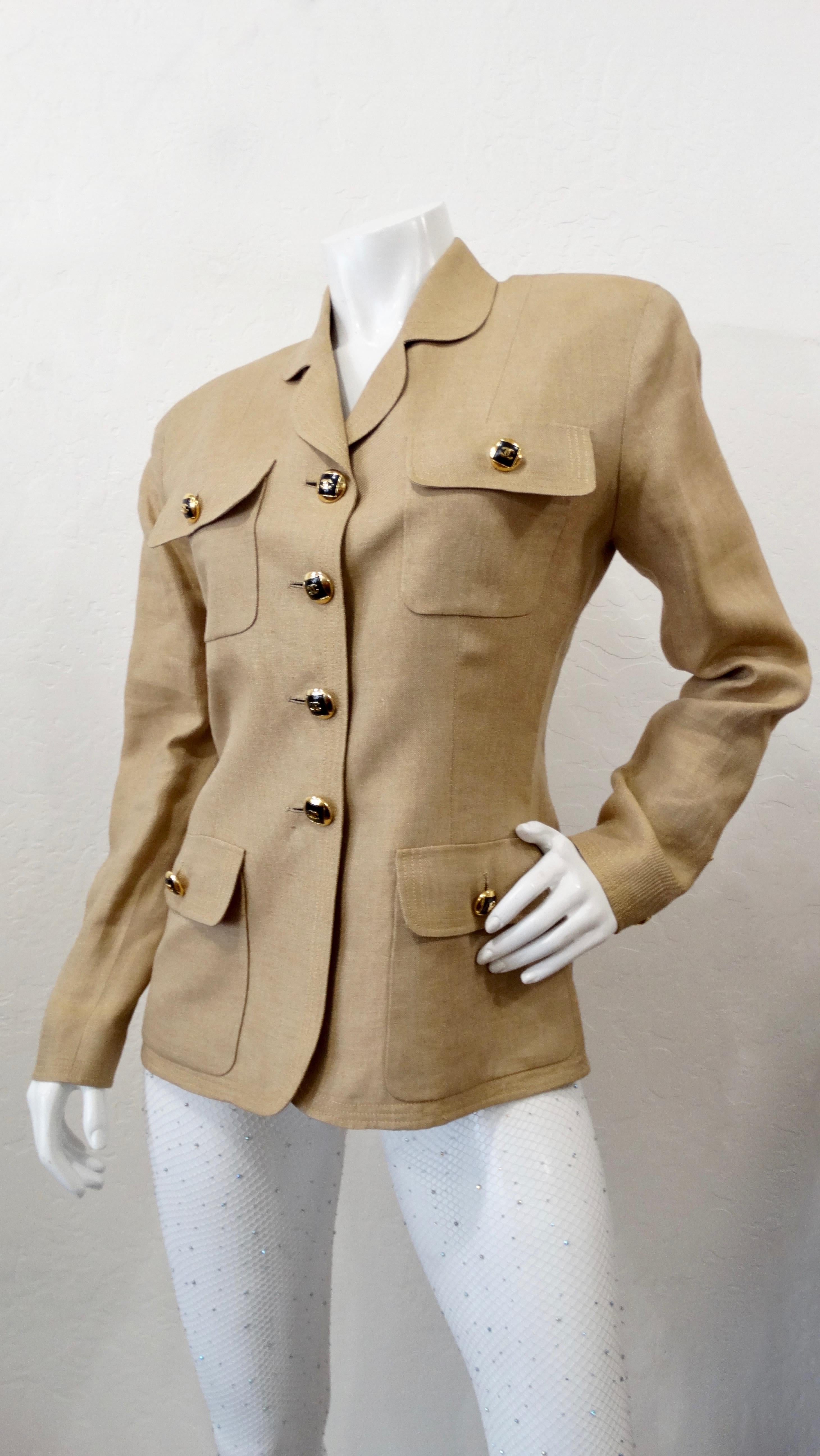 Chanel 1980s Tan Linen Blazer With CC Buttons 4