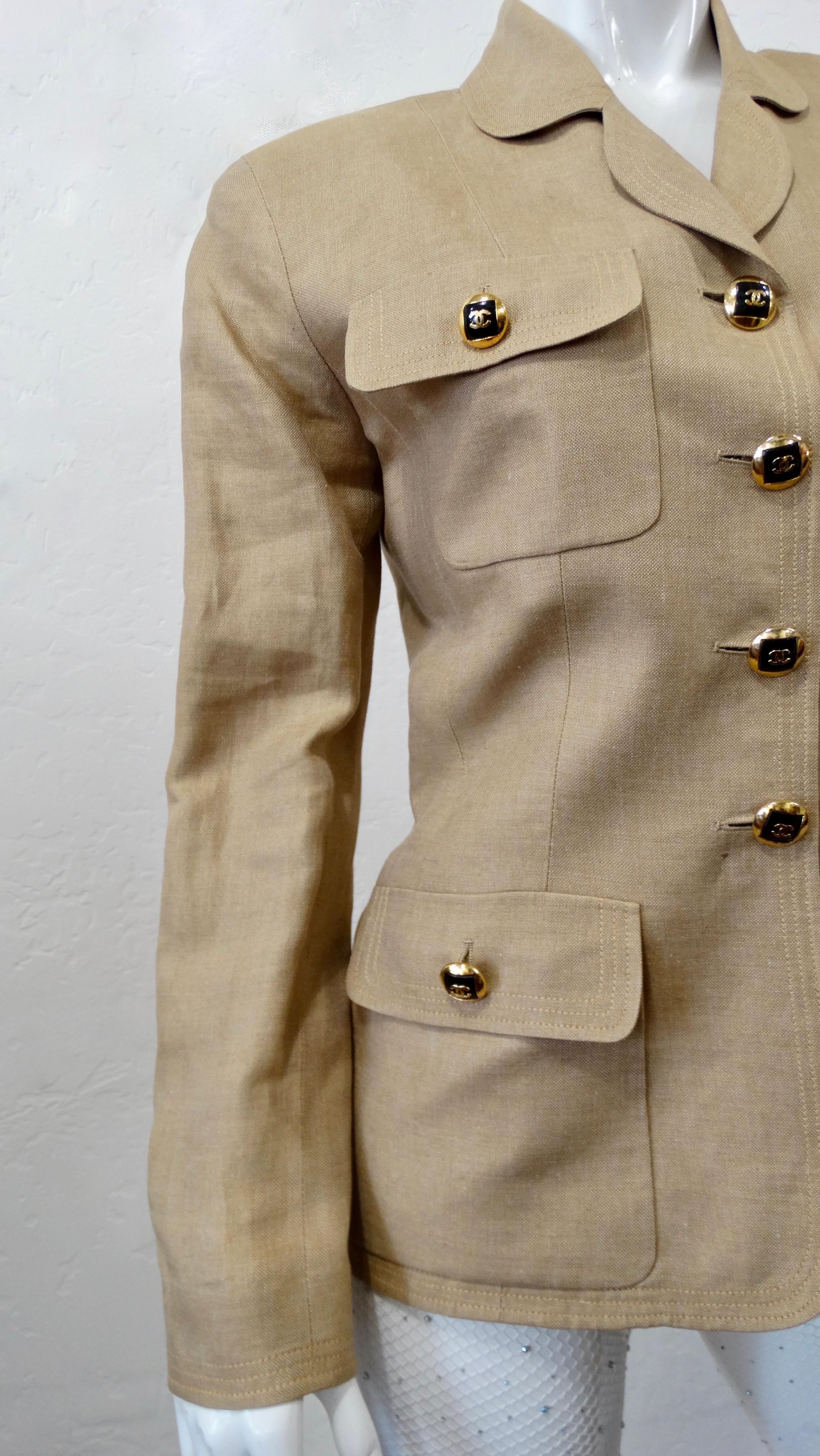 Chanel 1980s Tan Linen Blazer With CC Buttons 5
