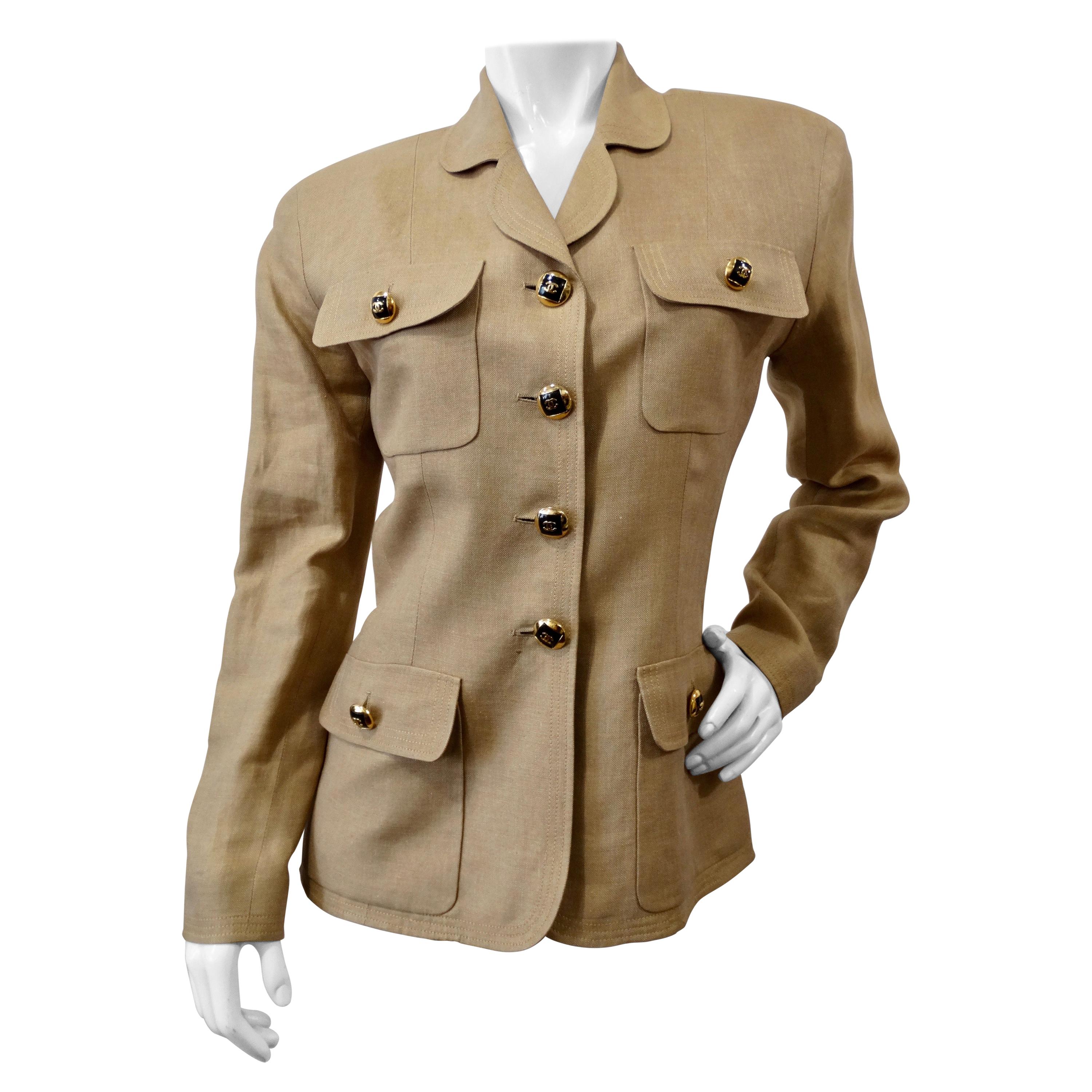 Chanel 1980s Tan Linen Blazer With CC Buttons
