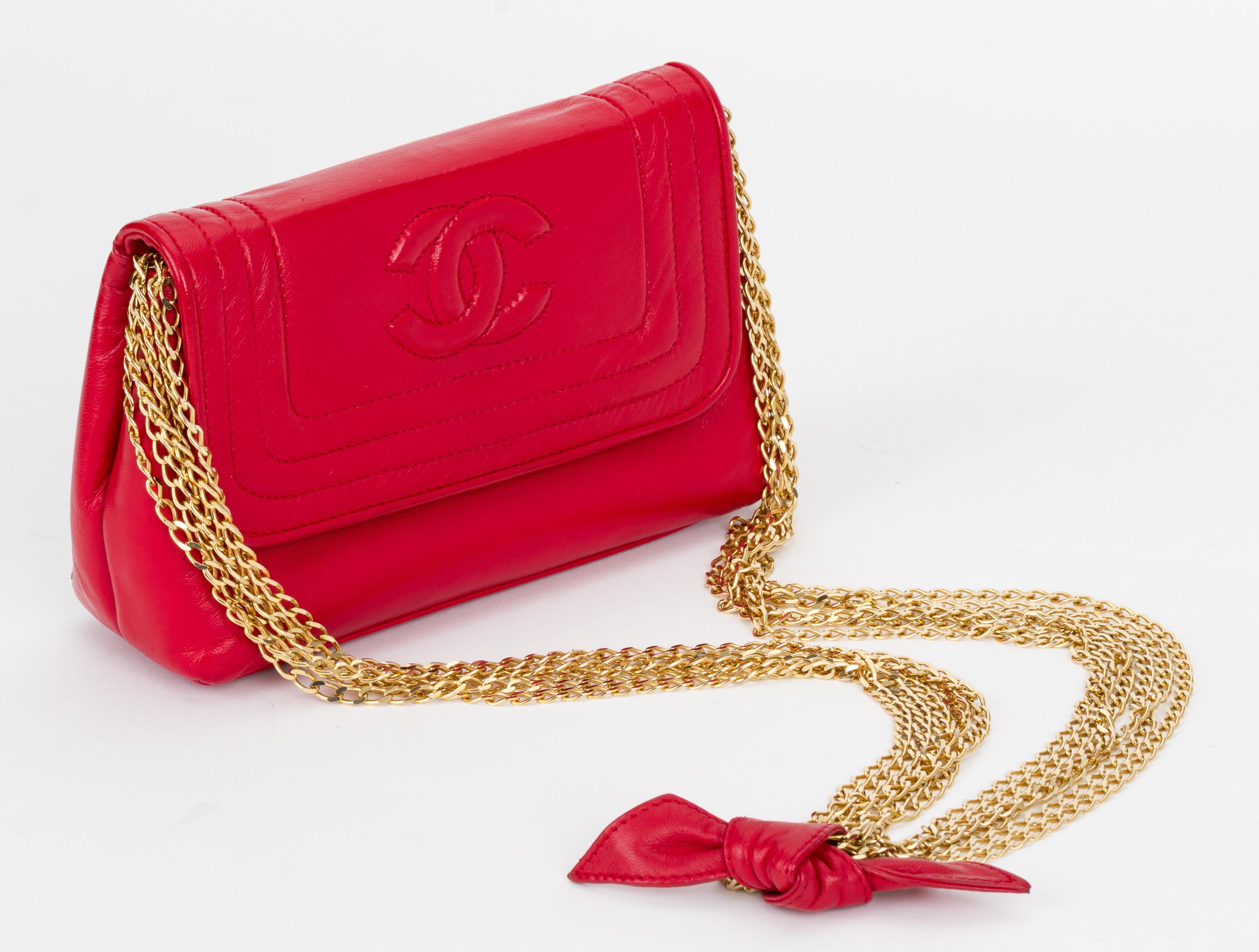 Chanel red leather evening bag with gold multi chain strap. Shoulder drop 17