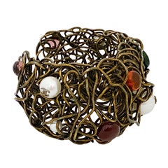 1980s Chanel Wire Cuff with Multi Coloured Cabochons and Pearls