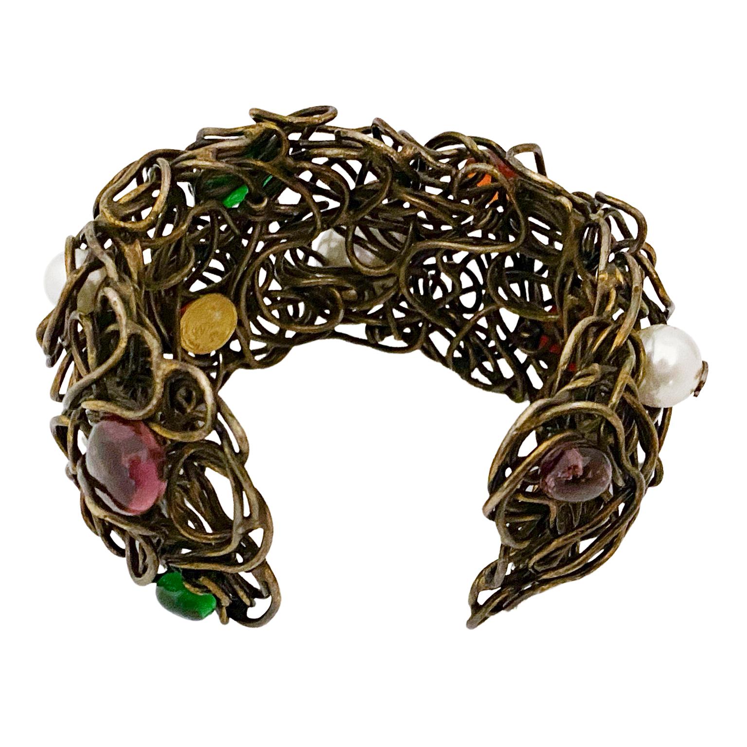 1980s Chanel Wire Cuff with Multi Coloured Cabochons and Pearls  In Good Condition For Sale In Toronto, Ontario