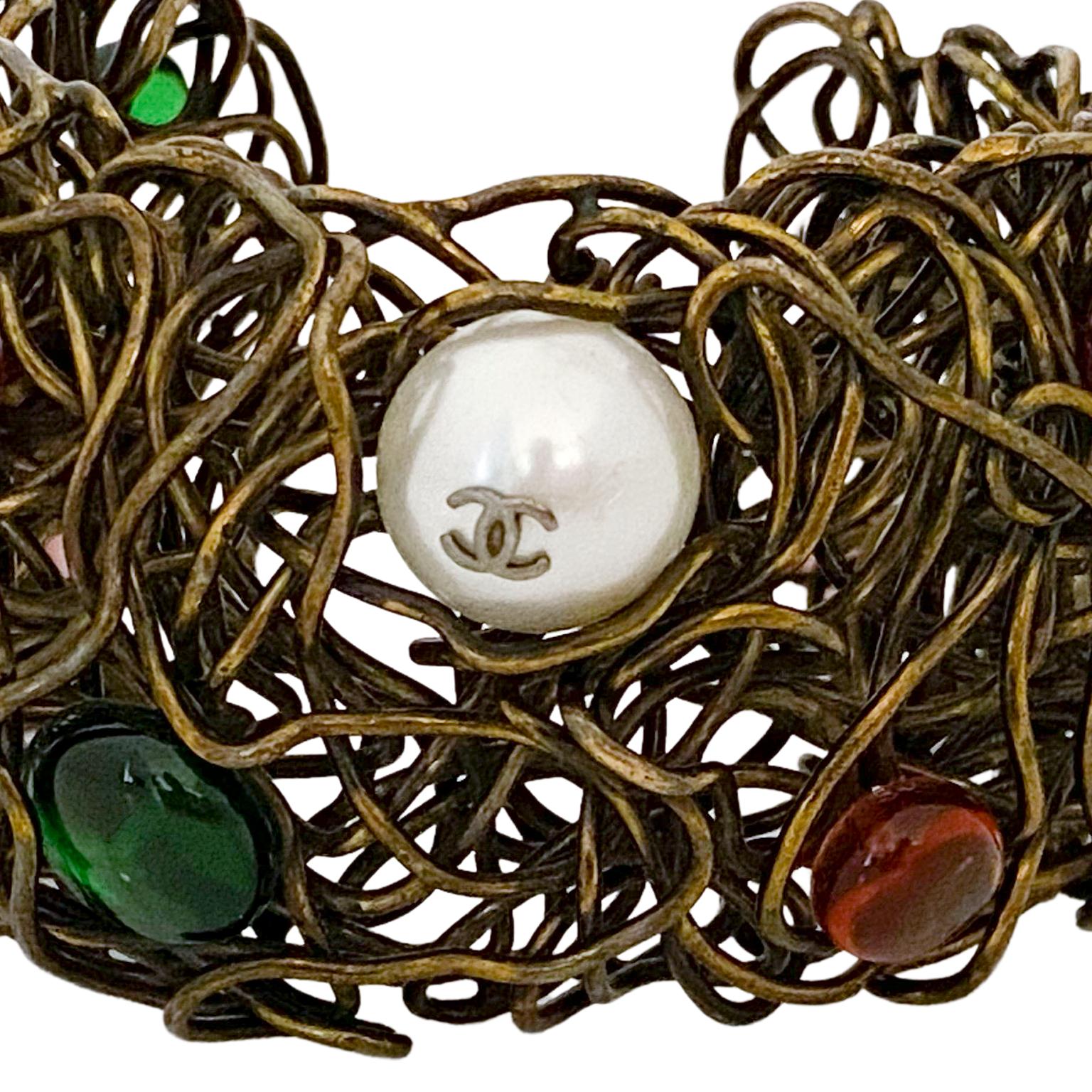 Women's 1980s Chanel Wire Cuff with Multi Coloured Cabochons and Pearls  For Sale