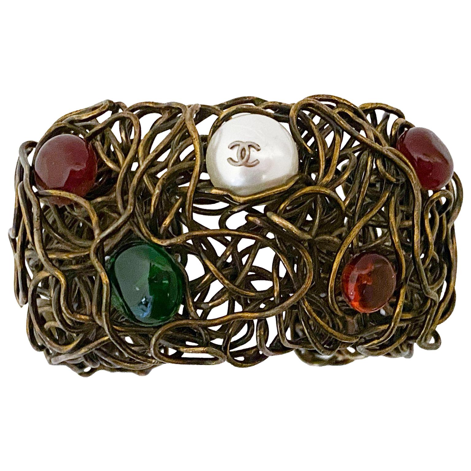 1980s Chanel Wire Cuff with Multi Coloured Cabochons and Pearls  For Sale