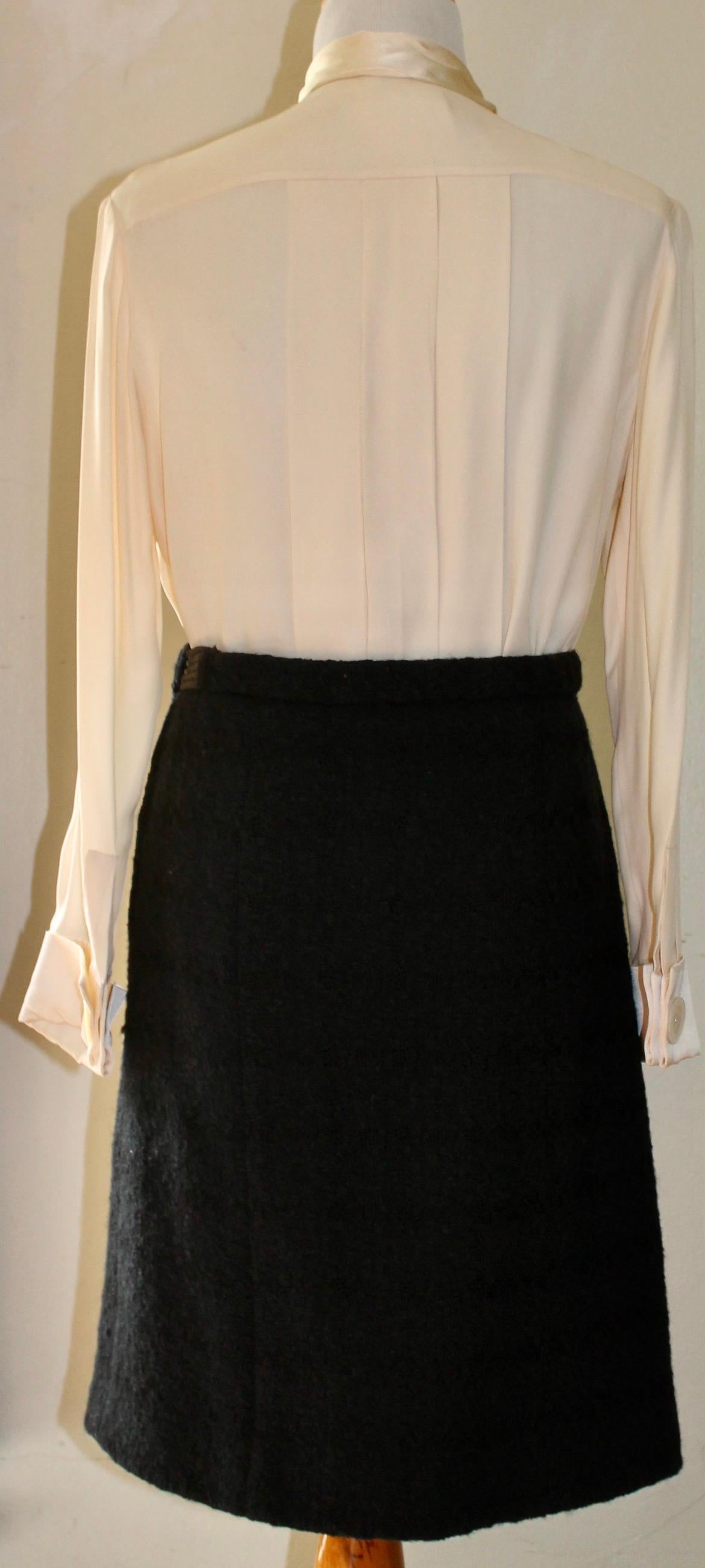 1980's Chanel Wool Skirt and Cream Silk Blouse For Sale 7