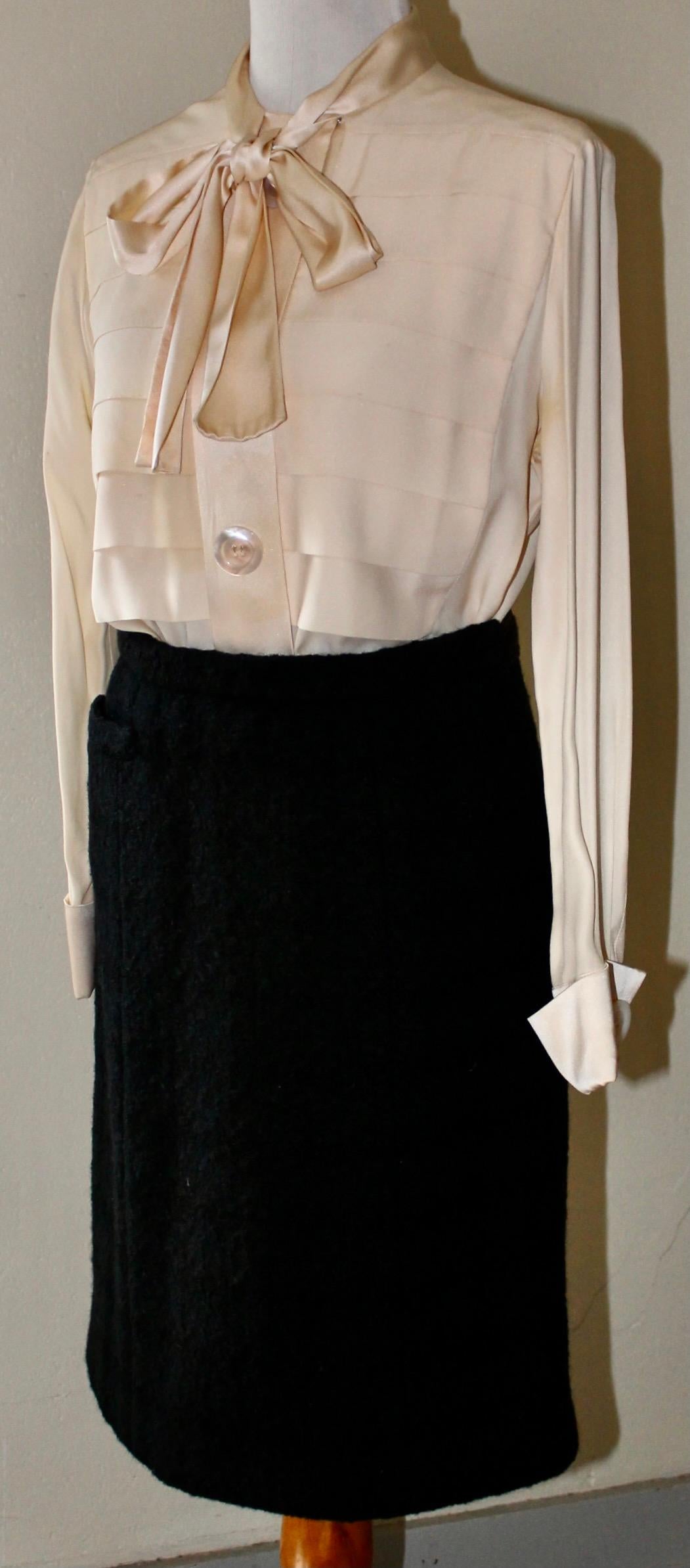 Beige 1980's Chanel Wool Skirt and Cream Silk Blouse For Sale