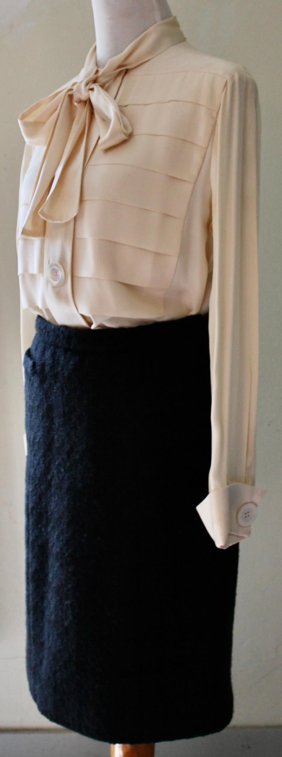 Women's 1980's Chanel Wool Skirt and Cream Silk Blouse For Sale