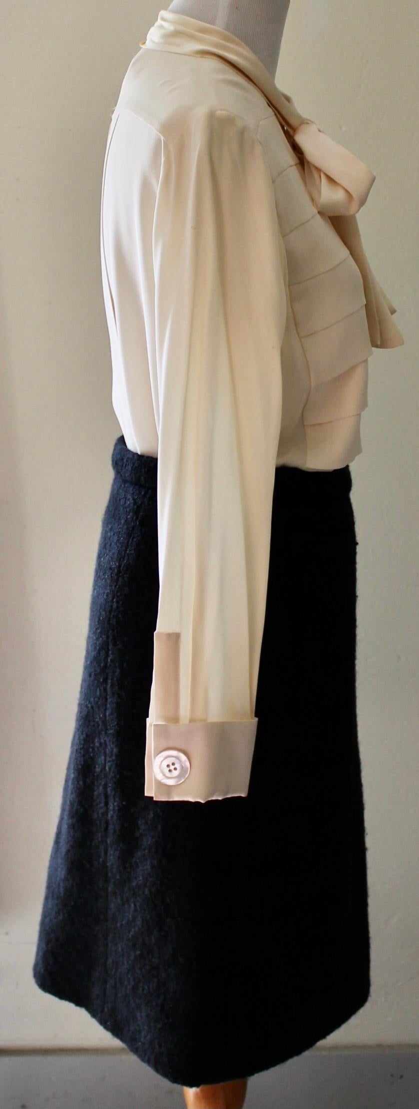 1980's Chanel Wool Skirt and Cream Silk Blouse For Sale 1