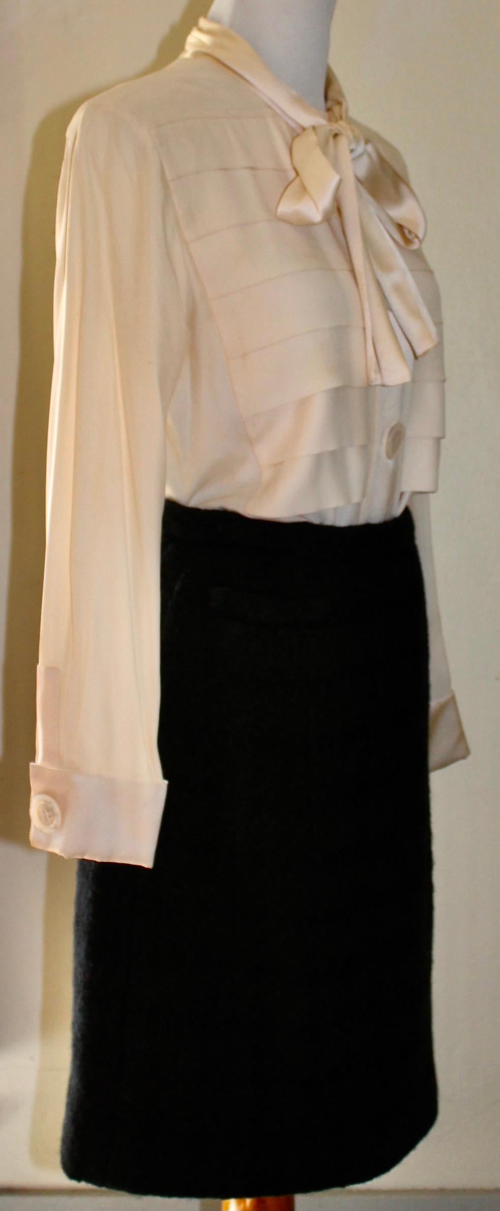 1980's Chanel Wool Skirt and Cream Silk Blouse For Sale 2