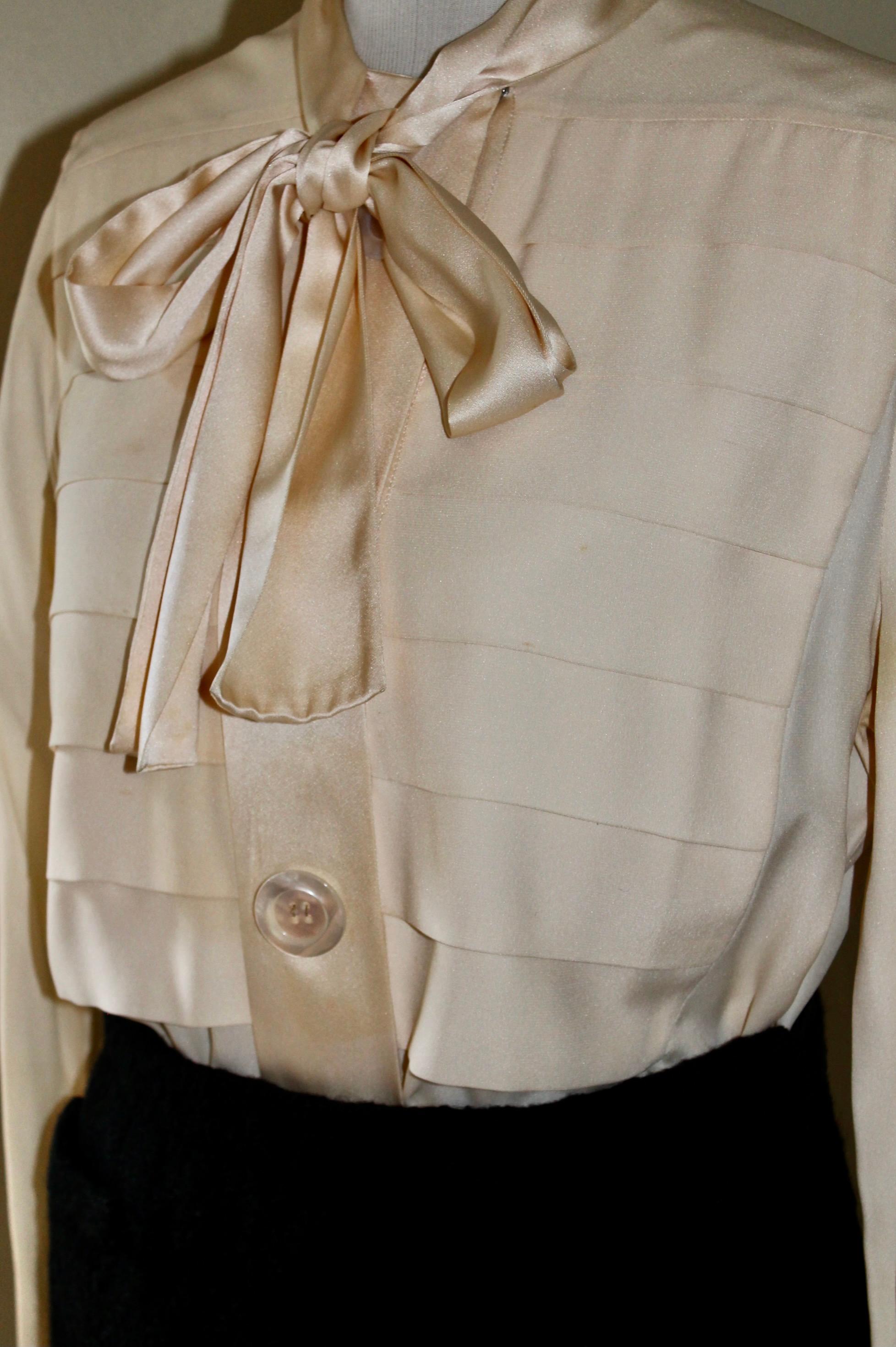 1980's Chanel Wool Skirt and Cream Silk Blouse For Sale 4