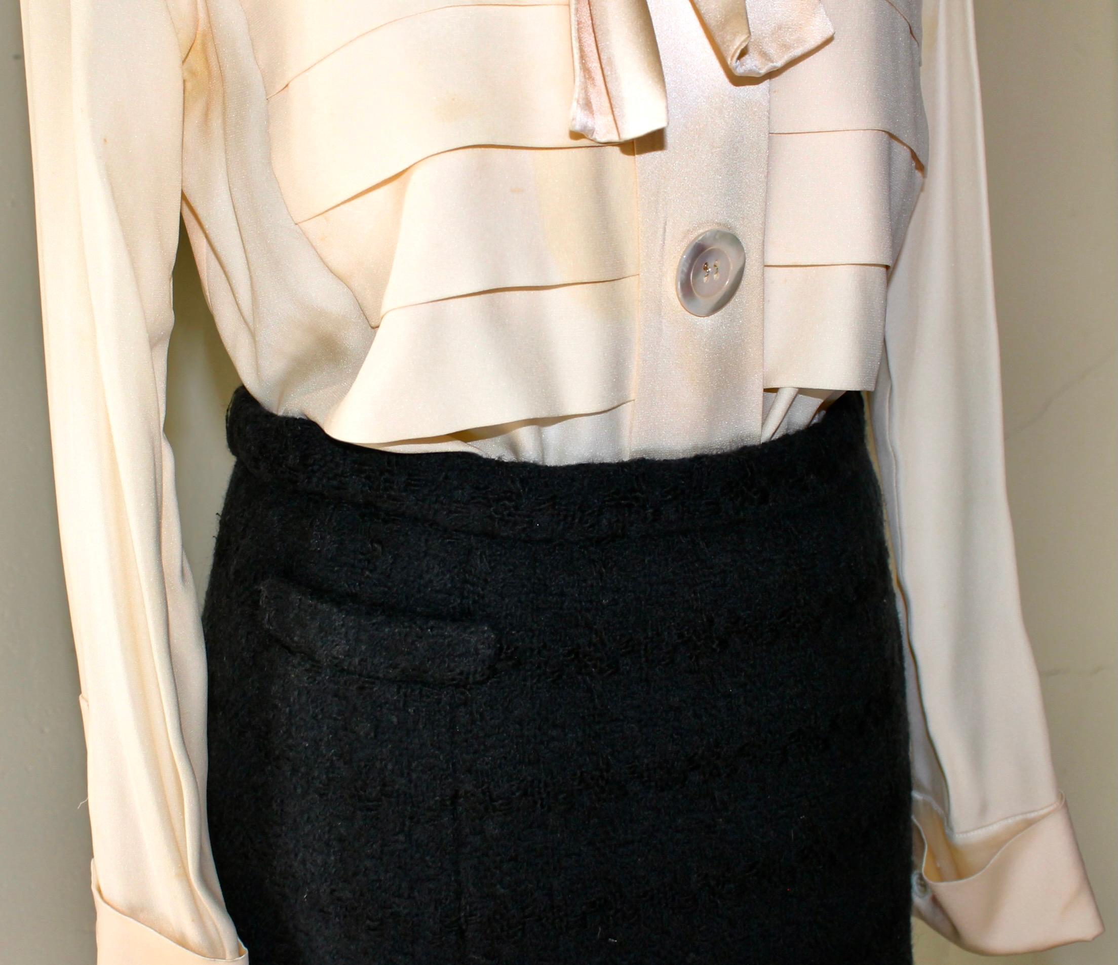 1980's Chanel Wool Skirt and Cream Silk Blouse For Sale 5