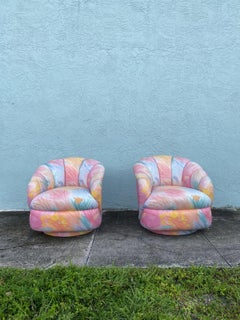 1980s Channel Baughman Croissant Style  Floral Swivel Chairs, Set of 2