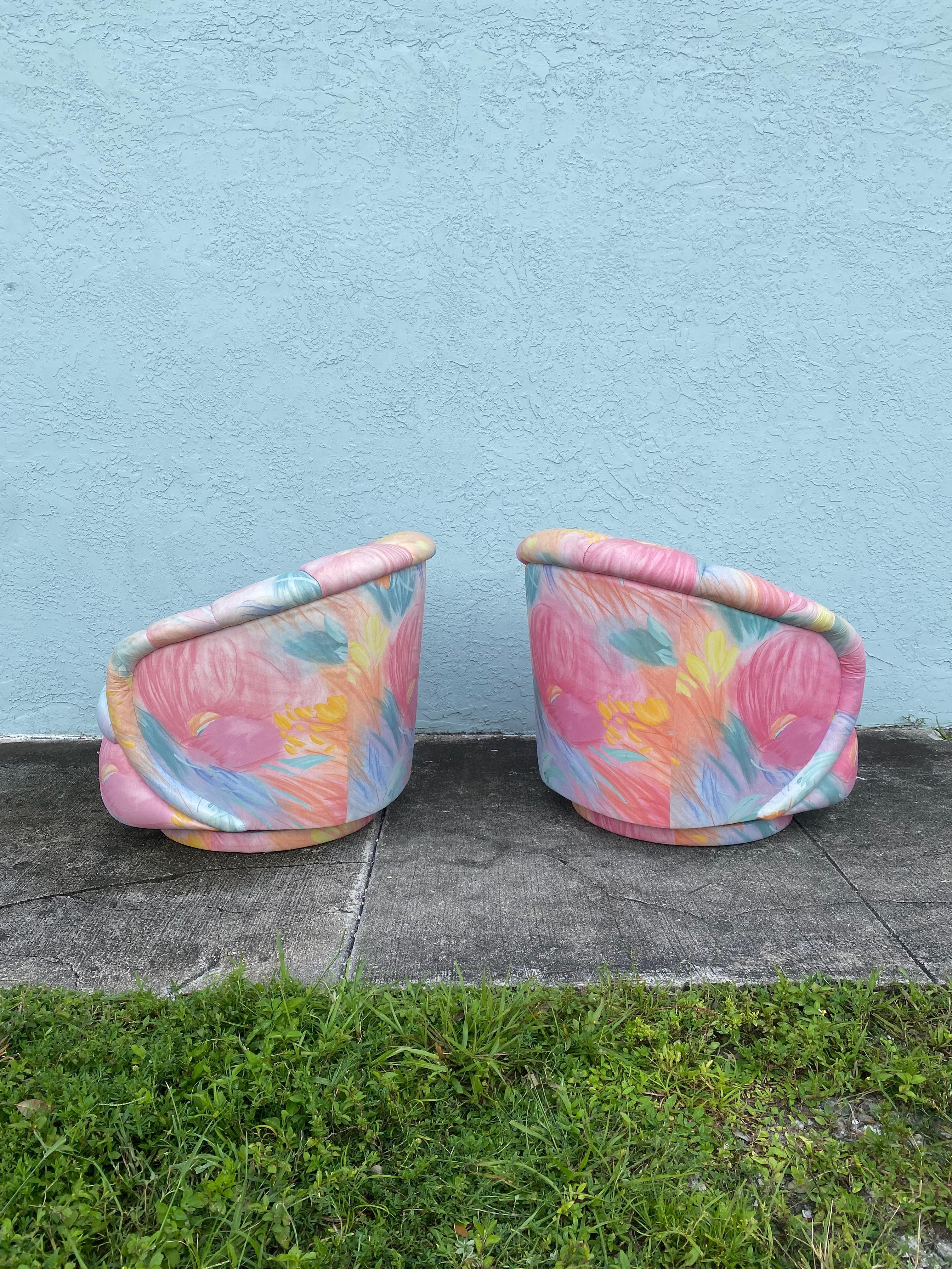 Upholstery 1980s Channel Baughman Croissant Style  Floral Swivel Chairs, Set of 2 For Sale