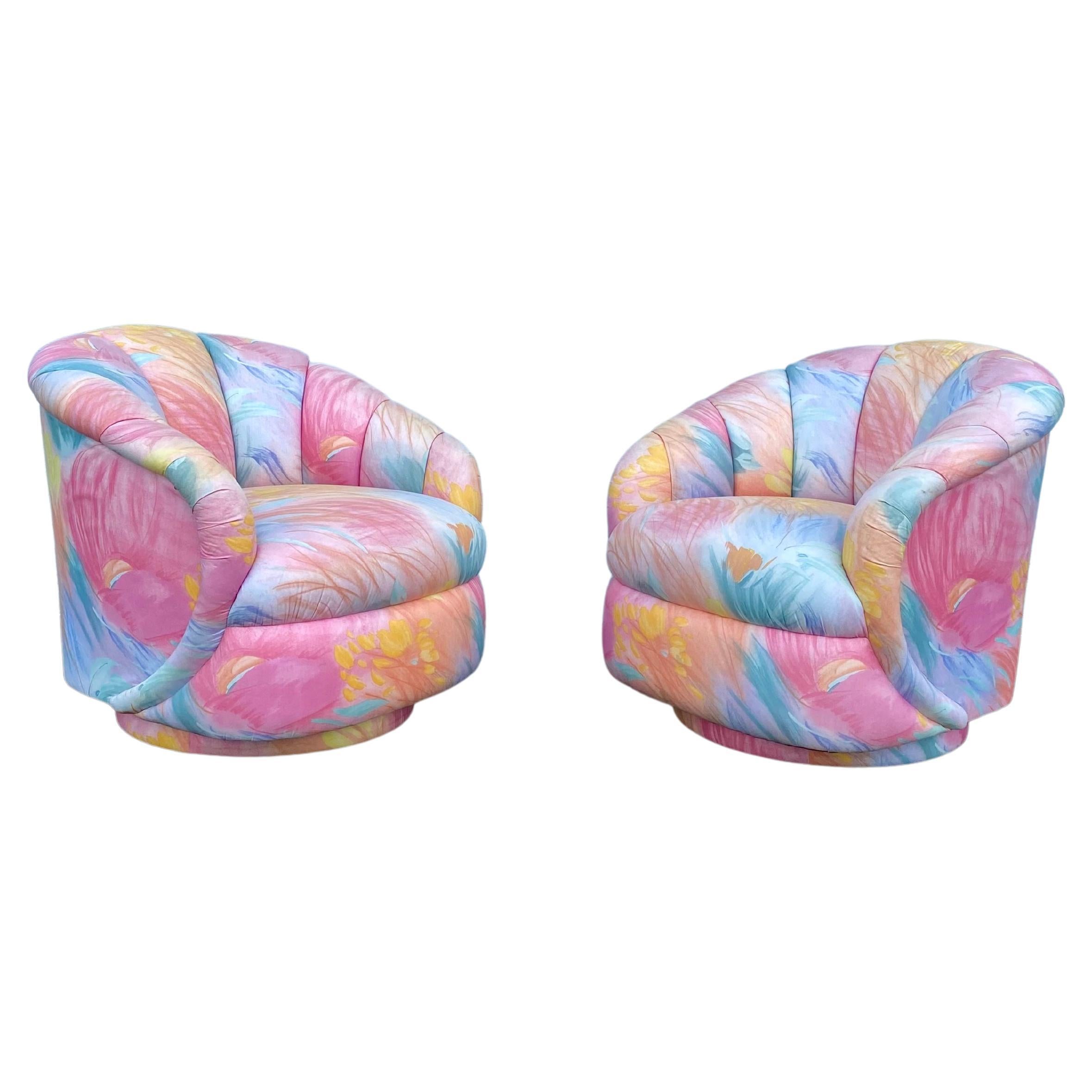 1980s Channel Baughman Croissant Style  Floral Swivel Chairs, Set of 2