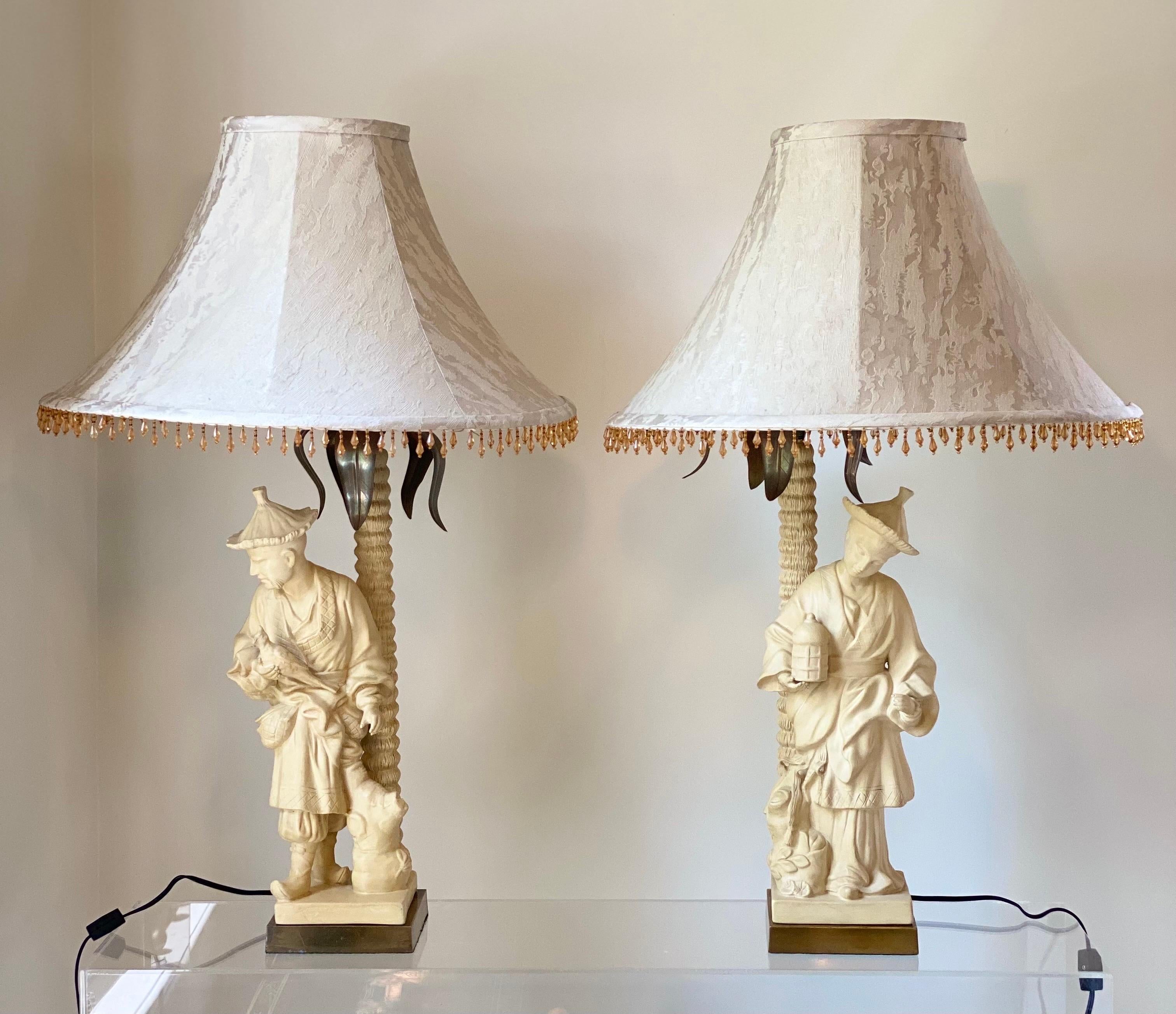 1980s Chapman Chinoiserie Ceramic, Brass and Bronze Figural Table Lamps - a Set For Sale 6