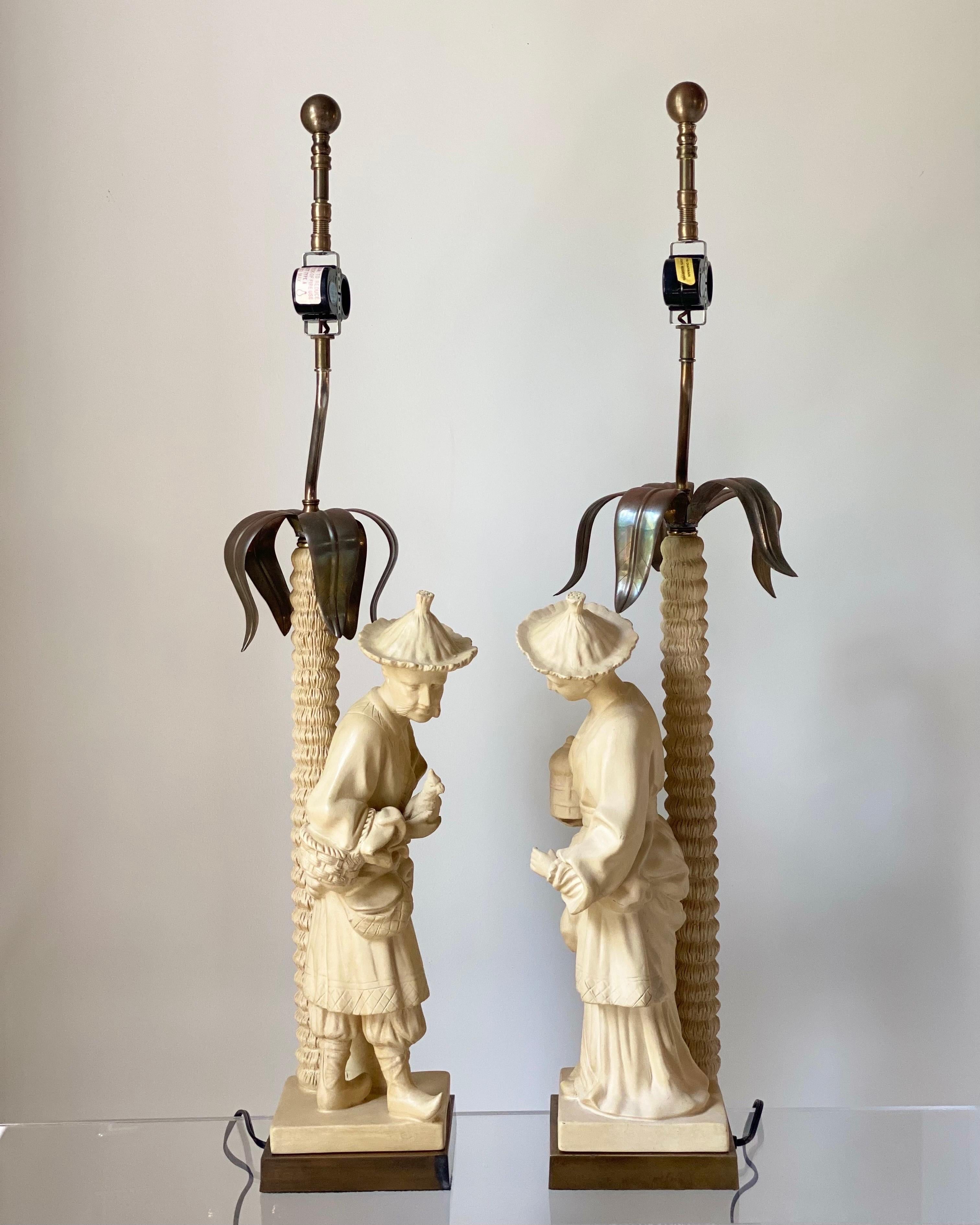 North American 1980s Chapman Chinoiserie Ceramic, Brass and Bronze Figural Table Lamps - a Set For Sale