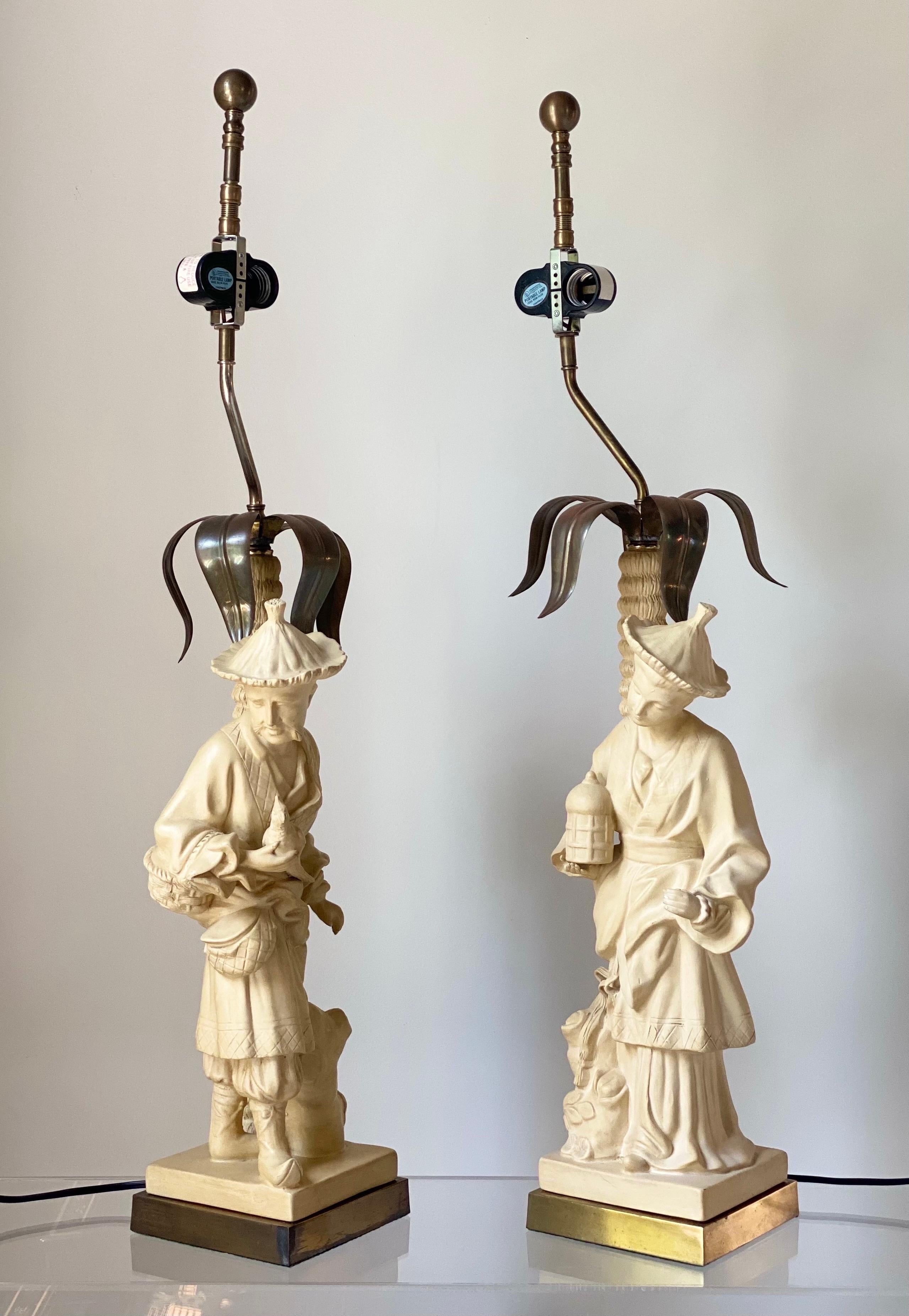 Late 20th Century 1980s Chapman Chinoiserie Ceramic, Brass and Bronze Figural Table Lamps - a Set For Sale