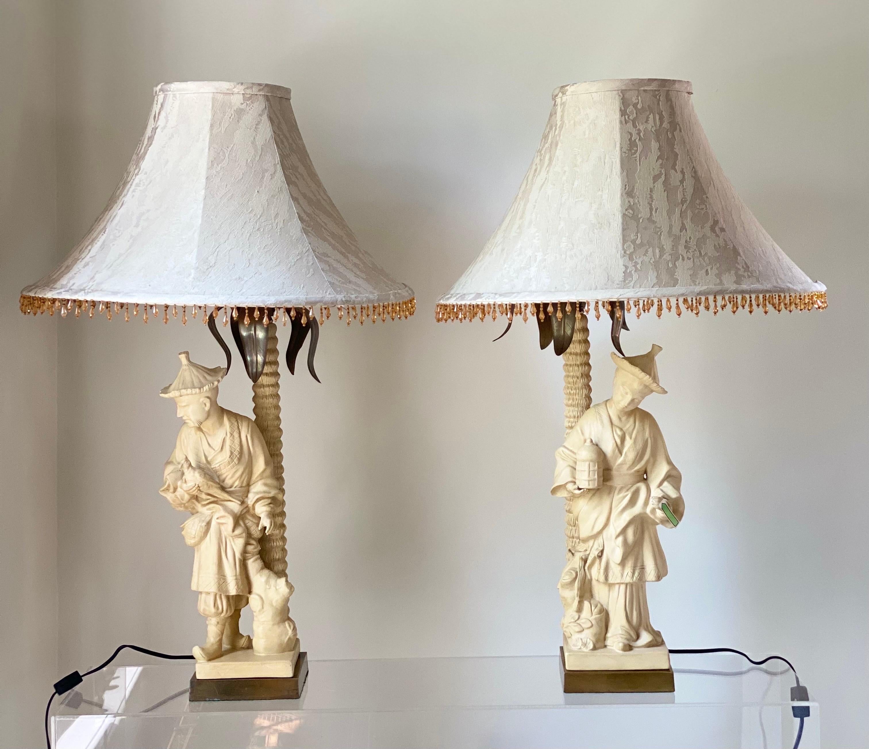 1980s Chapman Chinoiserie Ceramic, Brass and Bronze Figural Table Lamps - a Set For Sale 4
