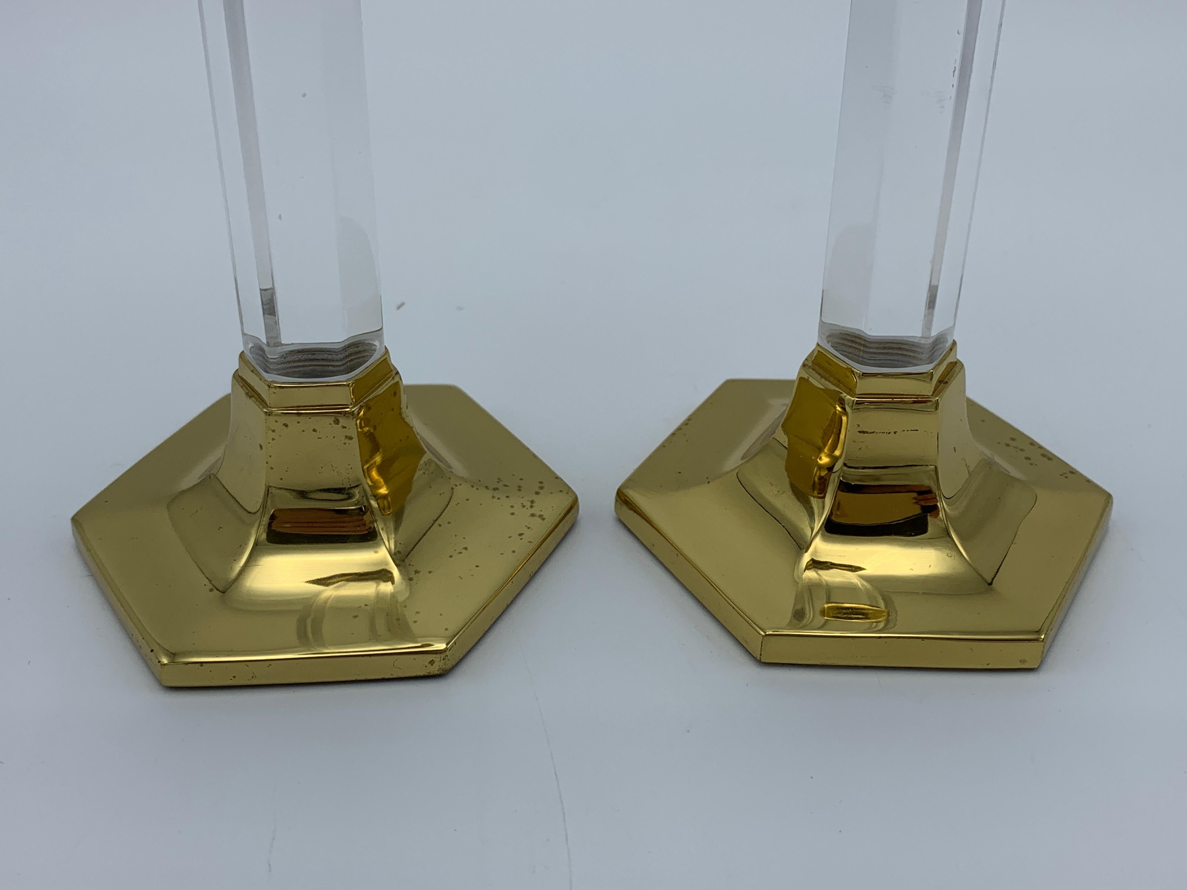 Polished 1980s Charles Hollis Jones Style Lucite and Brass Candlesticks, Pair