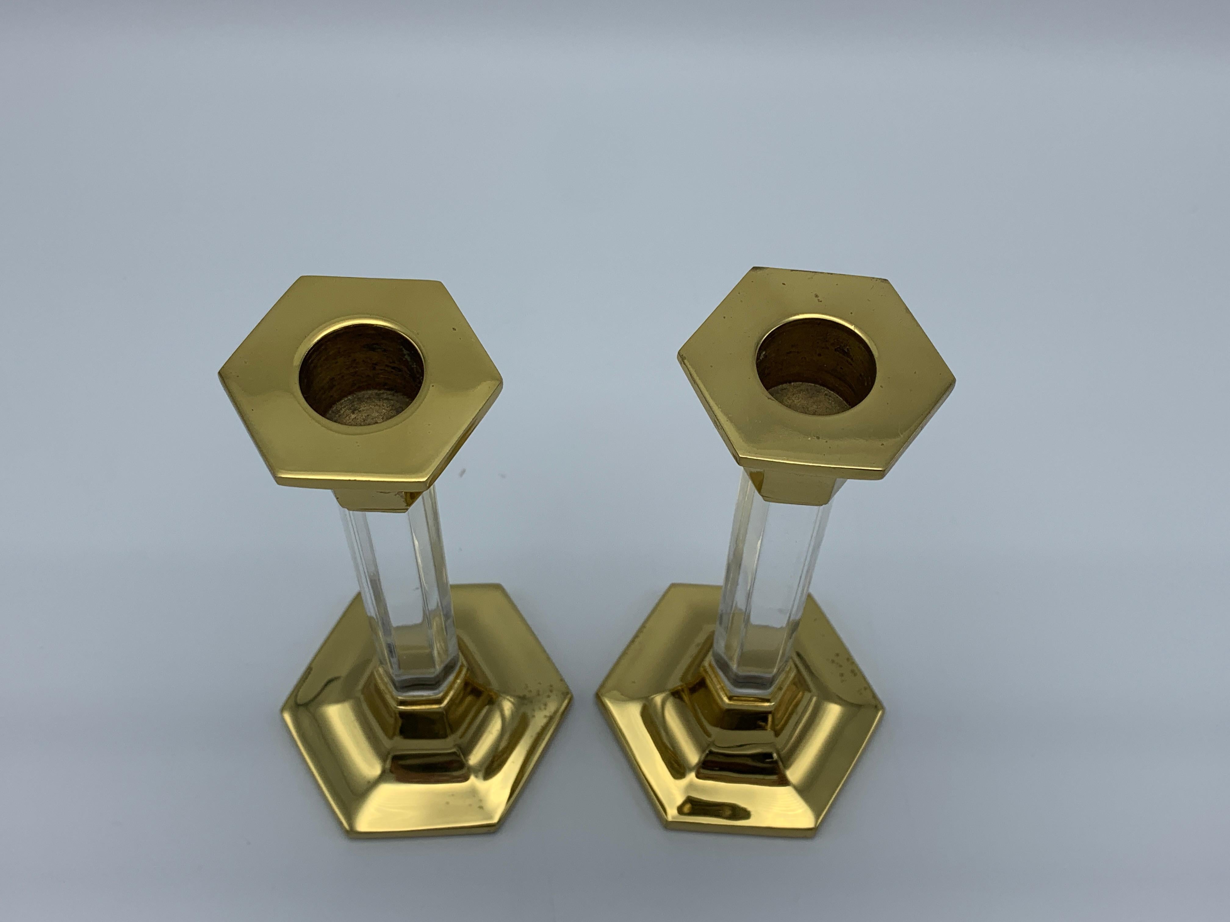 1980s Charles Hollis Jones Style Lucite and Brass Candlesticks, Pair 2