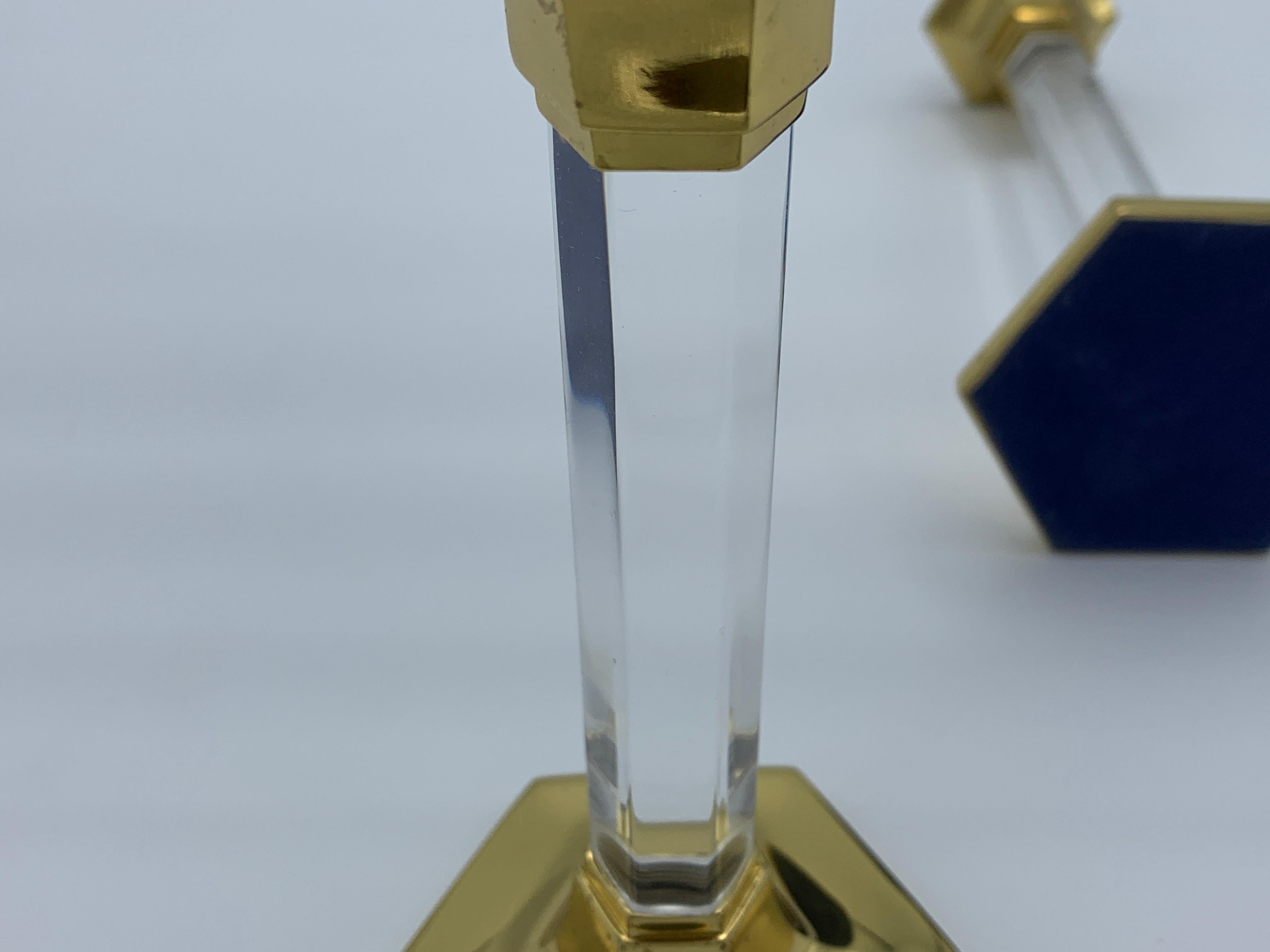 1980s Charles Hollis Jones Style Lucite and Brass Candlesticks, Pair 3