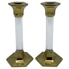 Vintage 1980s Charles Hollis Jones Style Lucite and Brass Candlesticks, Pair