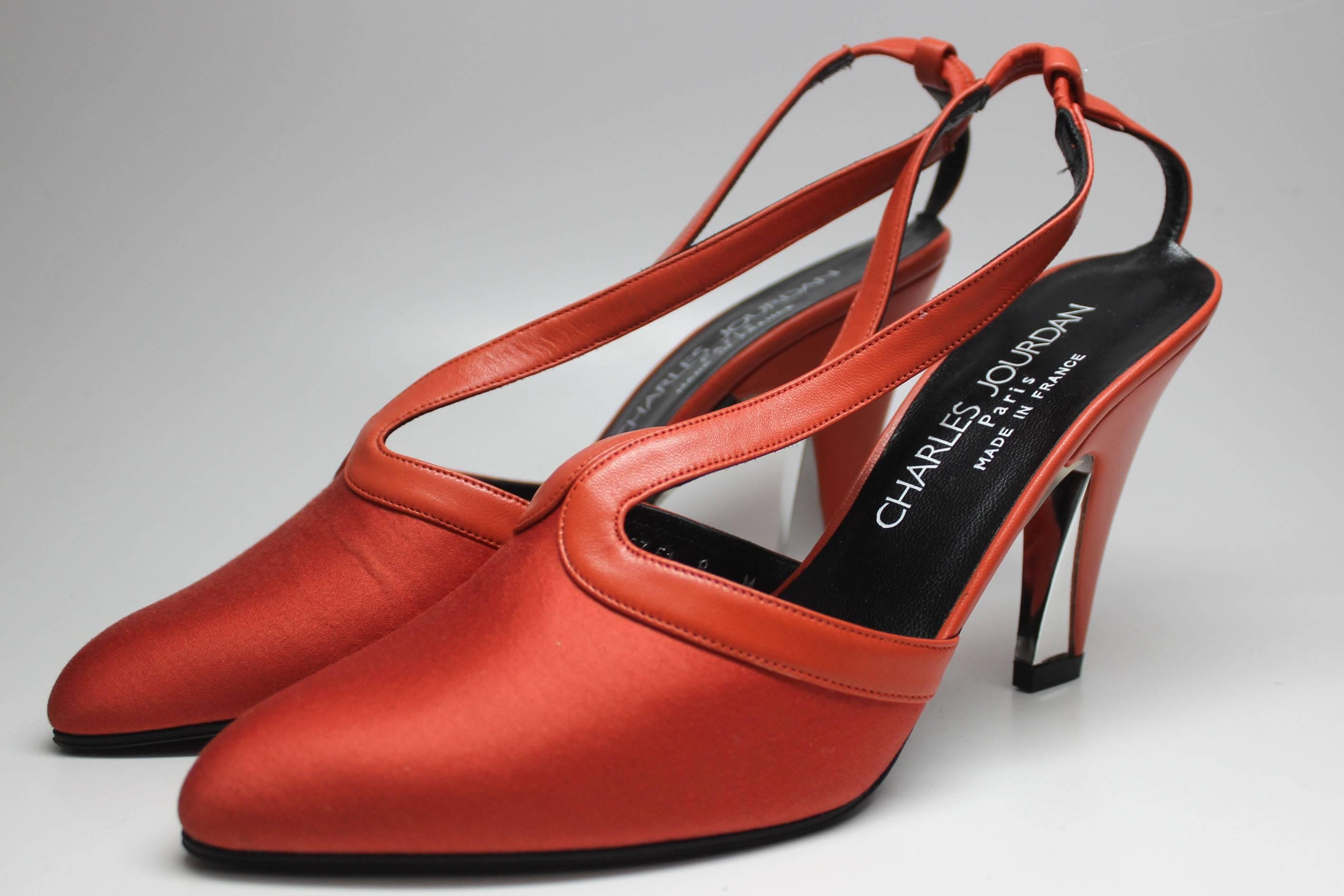 Women's Charles Jourdan Red Orange Pointed Toe Slingback Heel, 1980s  For Sale