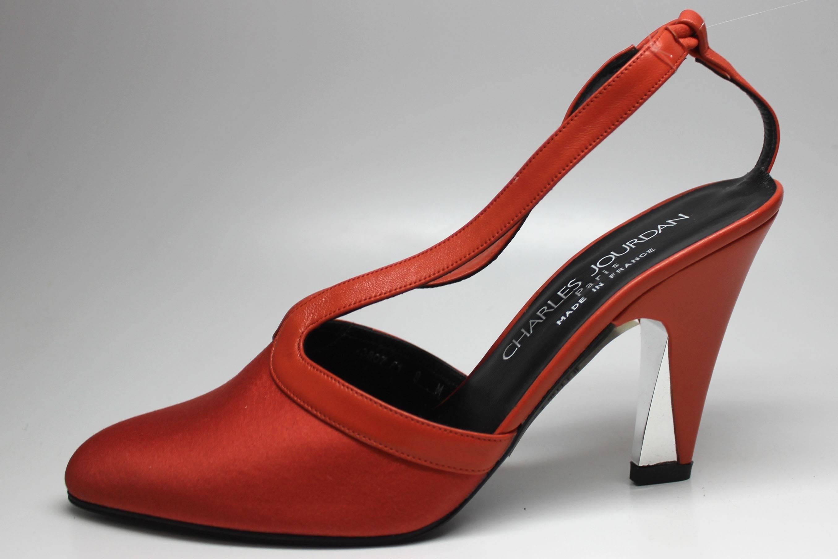 Charles Jourdan Red Orange Pointed Toe Slingback Heel, 1980s  For Sale 1