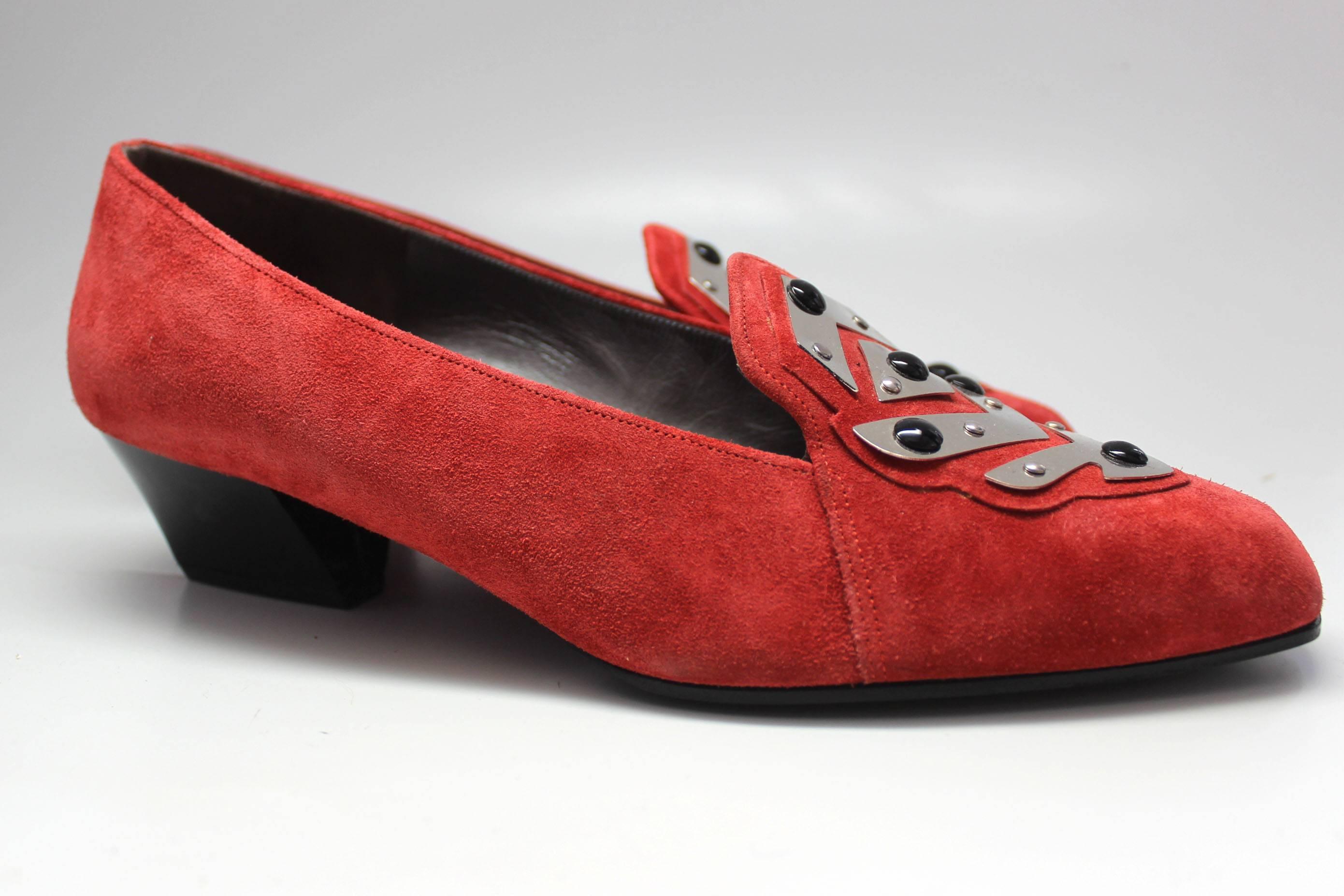 Women's Charles Jourdan Red Suede Loafer, 1980s  For Sale
