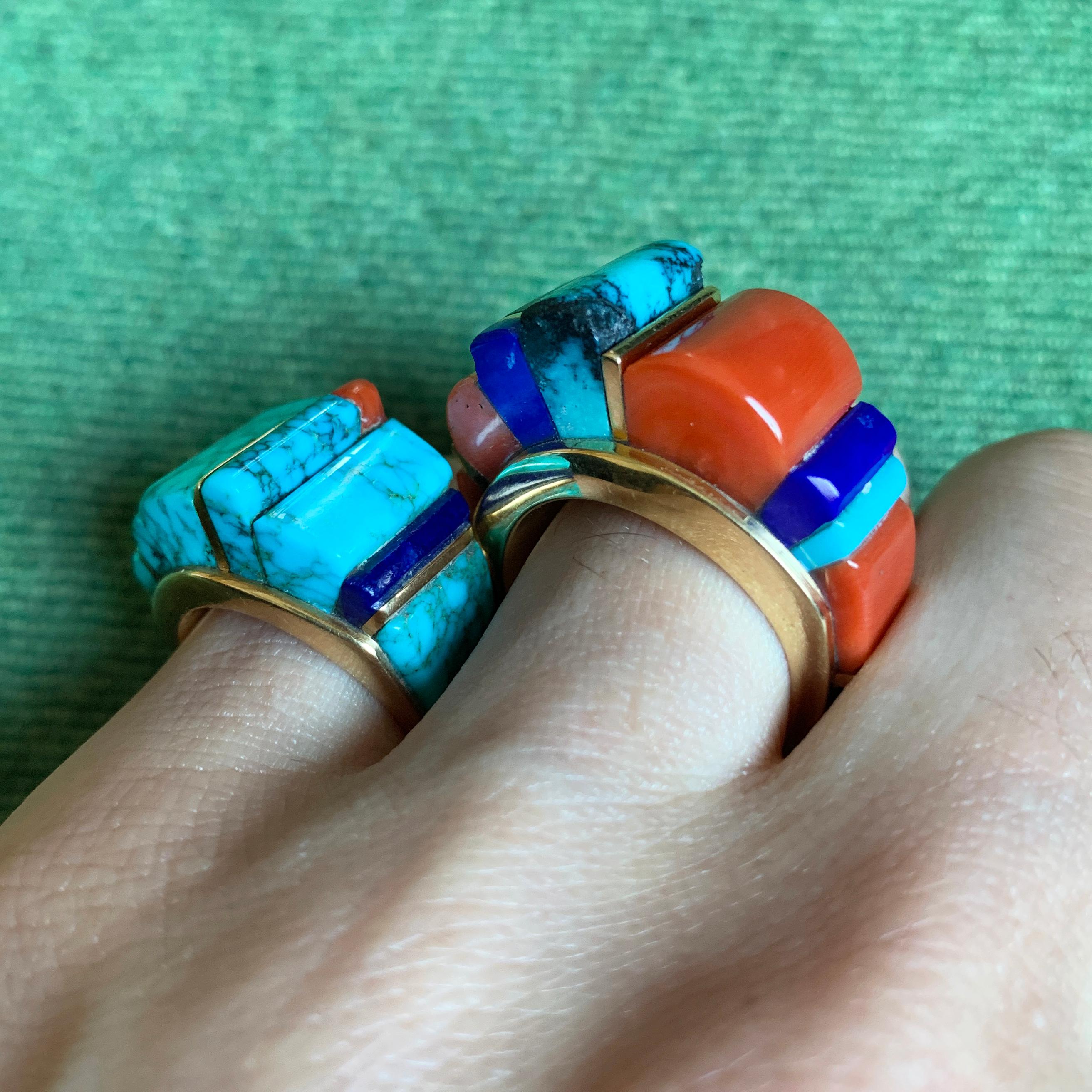 A coral, lapis, turquoise and 14 karat gold height inlay ring, by Hopi jeweler, Charles Loloma, 1980s.  Loloma was arguably the most influential modern Native American jeweler. This ring is a size 5.5 and it is stamped Loloma 14K.