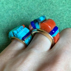 1980s Charles Loloma Lapis, Turquoise, Coral and Gold Ring
