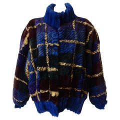 Vintage 1980s Checkered Tiger Striped Sheered Rabbit Fur Bomber Jacket