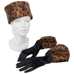 Vintage 1980's Cheetah Print Pillbox Hat with Matching Gloves