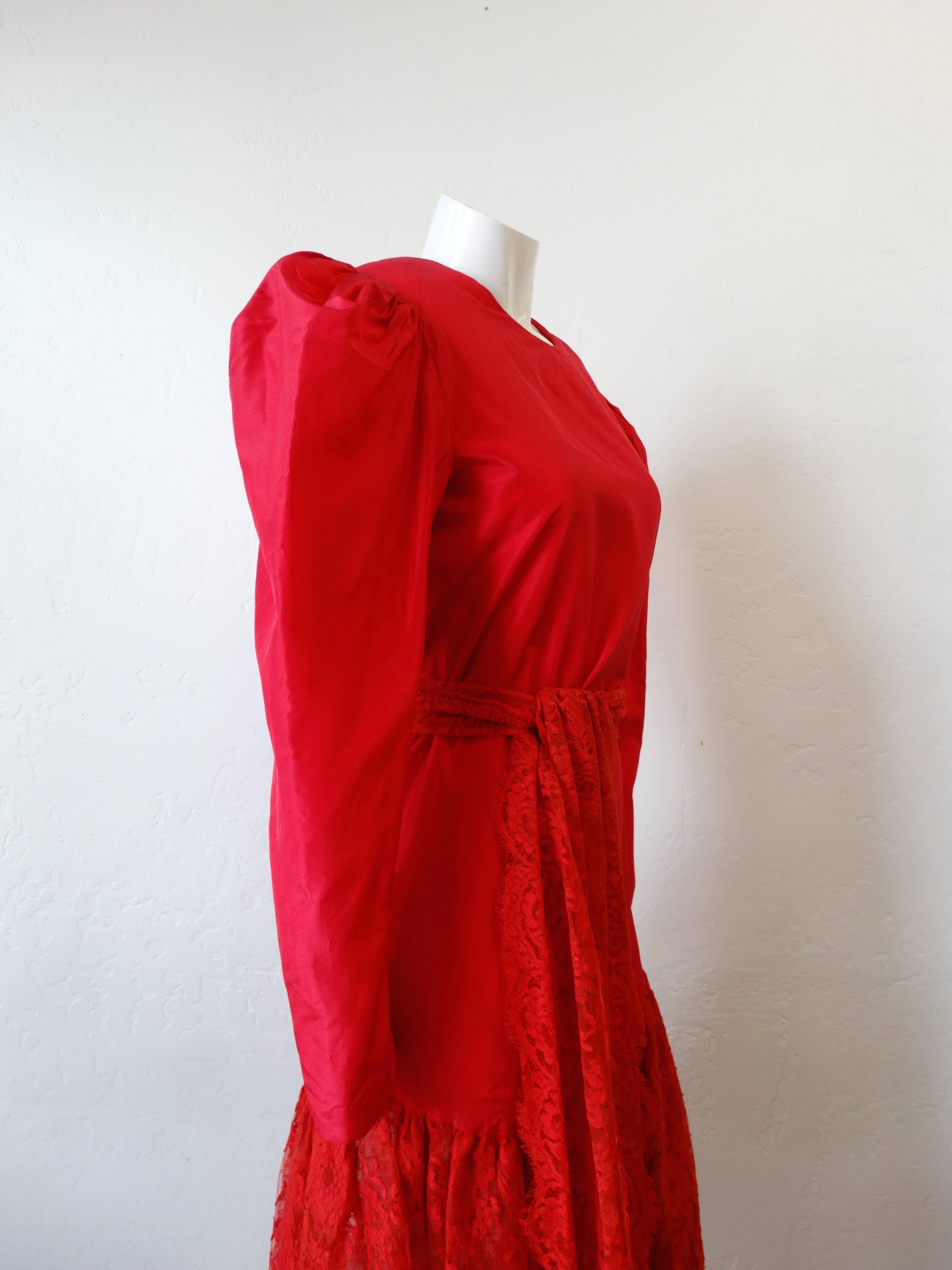 Cherry Red Lace Puff Sleeve Maxi Dress, 1980s   In Excellent Condition For Sale In Scottsdale, AZ
