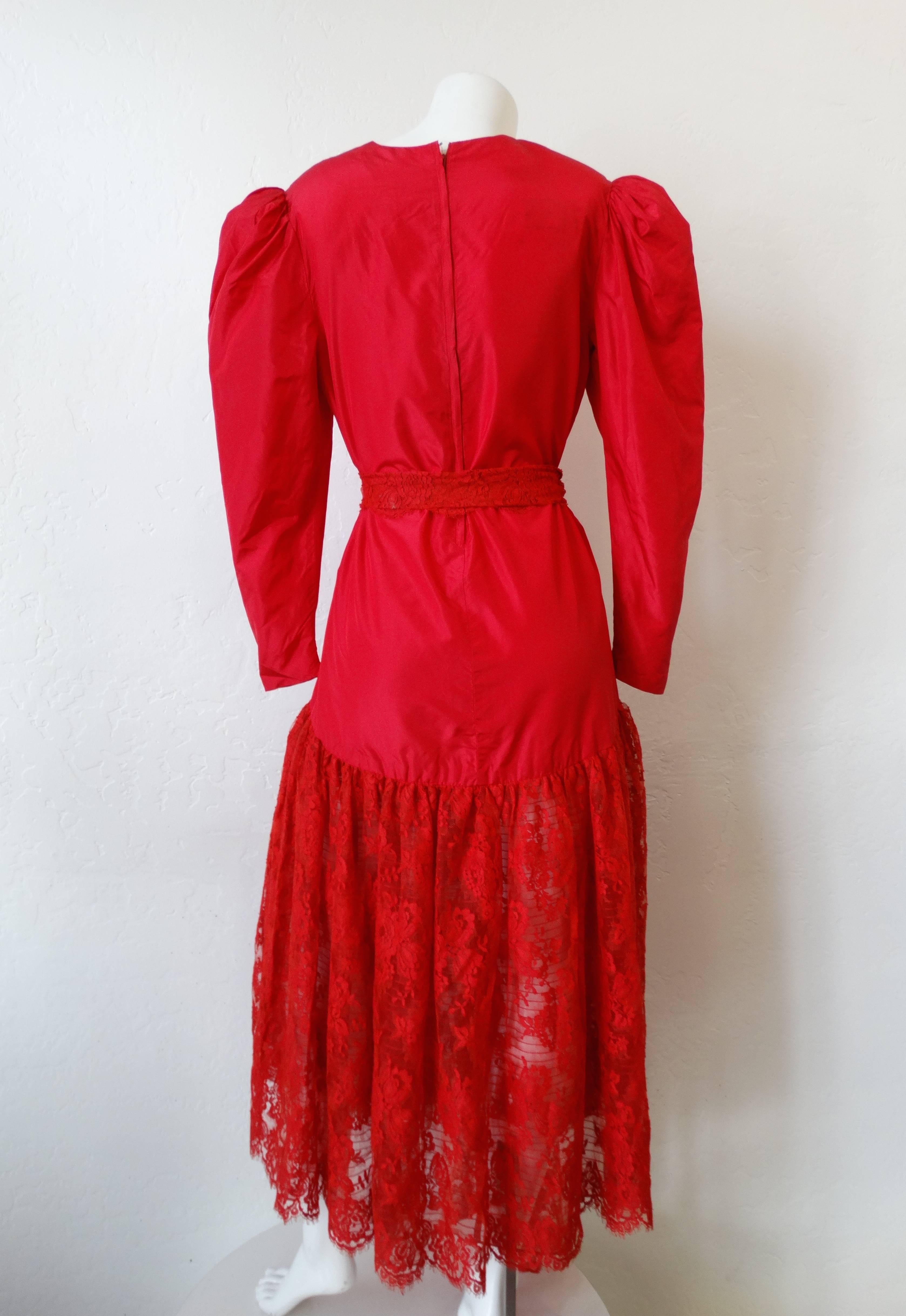 Women's Cherry Red Lace Puff Sleeve Maxi Dress, 1980s   For Sale