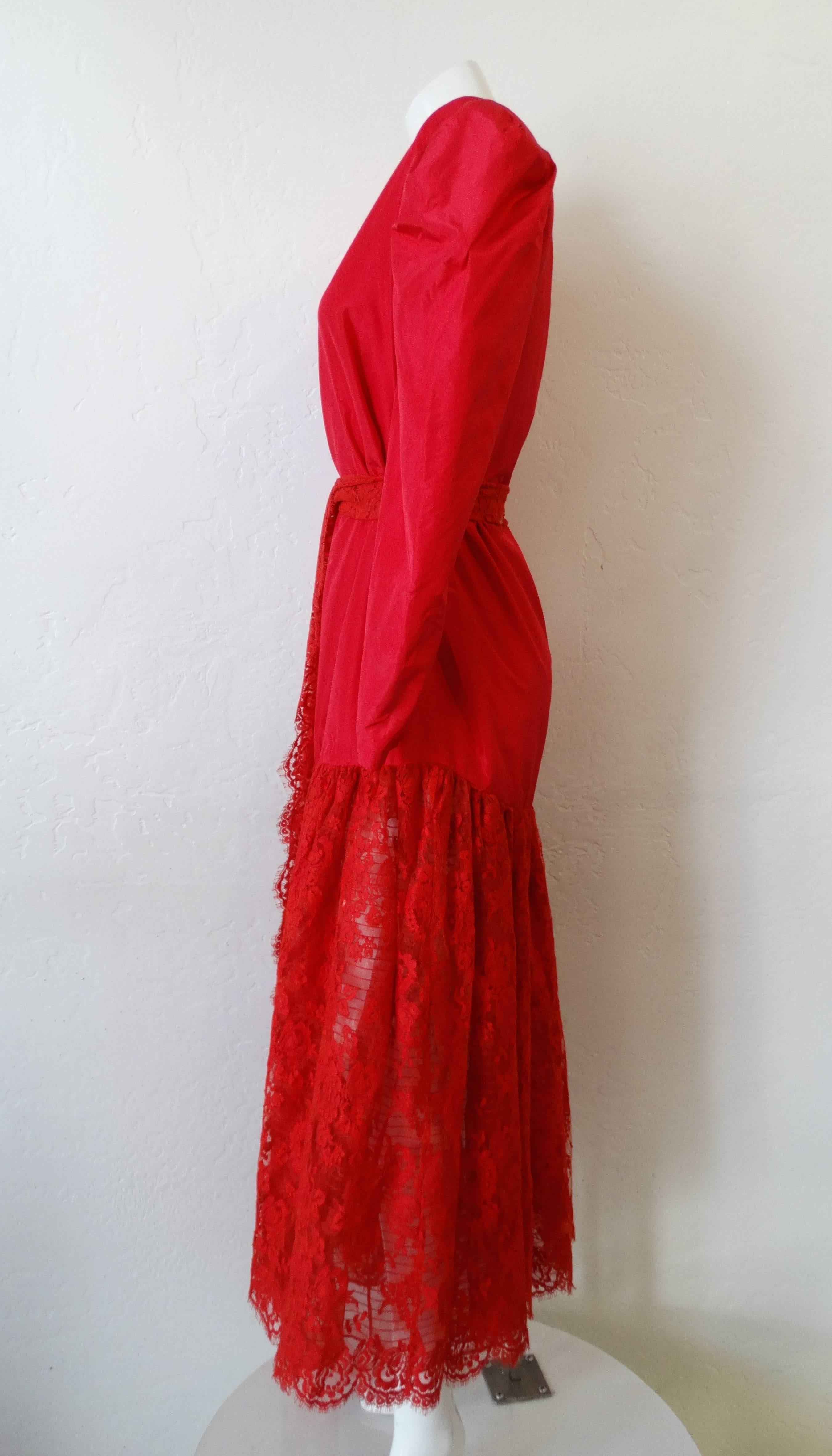 Cherry Red Lace Puff Sleeve Maxi Dress, 1980s   For Sale 2