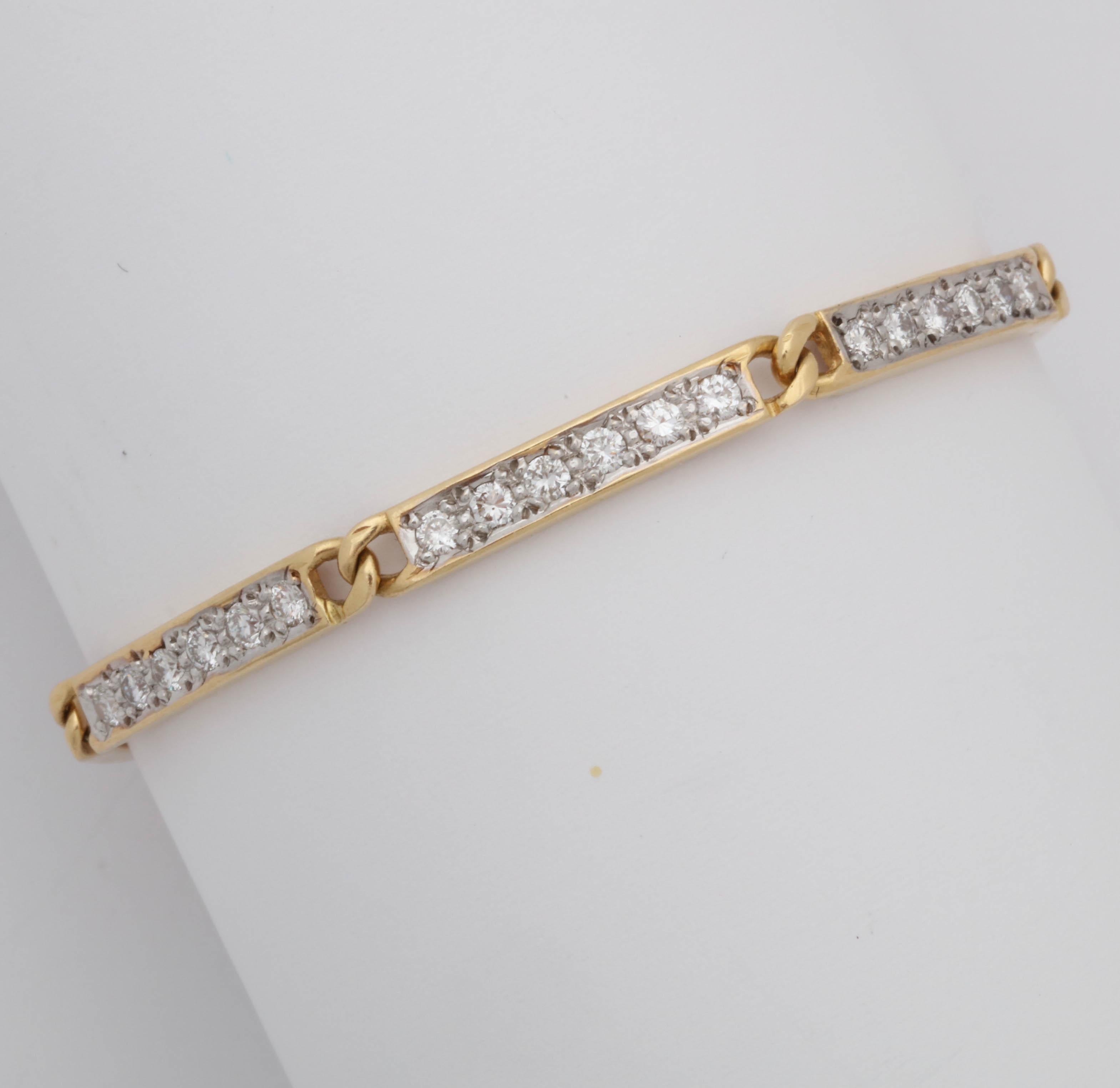 One Ladies 18kt Yellow Gold Flexible Straightline Link Bracelet Composed Of Seven Panels Of High Quality Full Cut Diamonds Weighing Approximately 3 Carats Total Weight. All Diamonds Are Bead Set With Four Beads Holding Each Diamond.Figure 