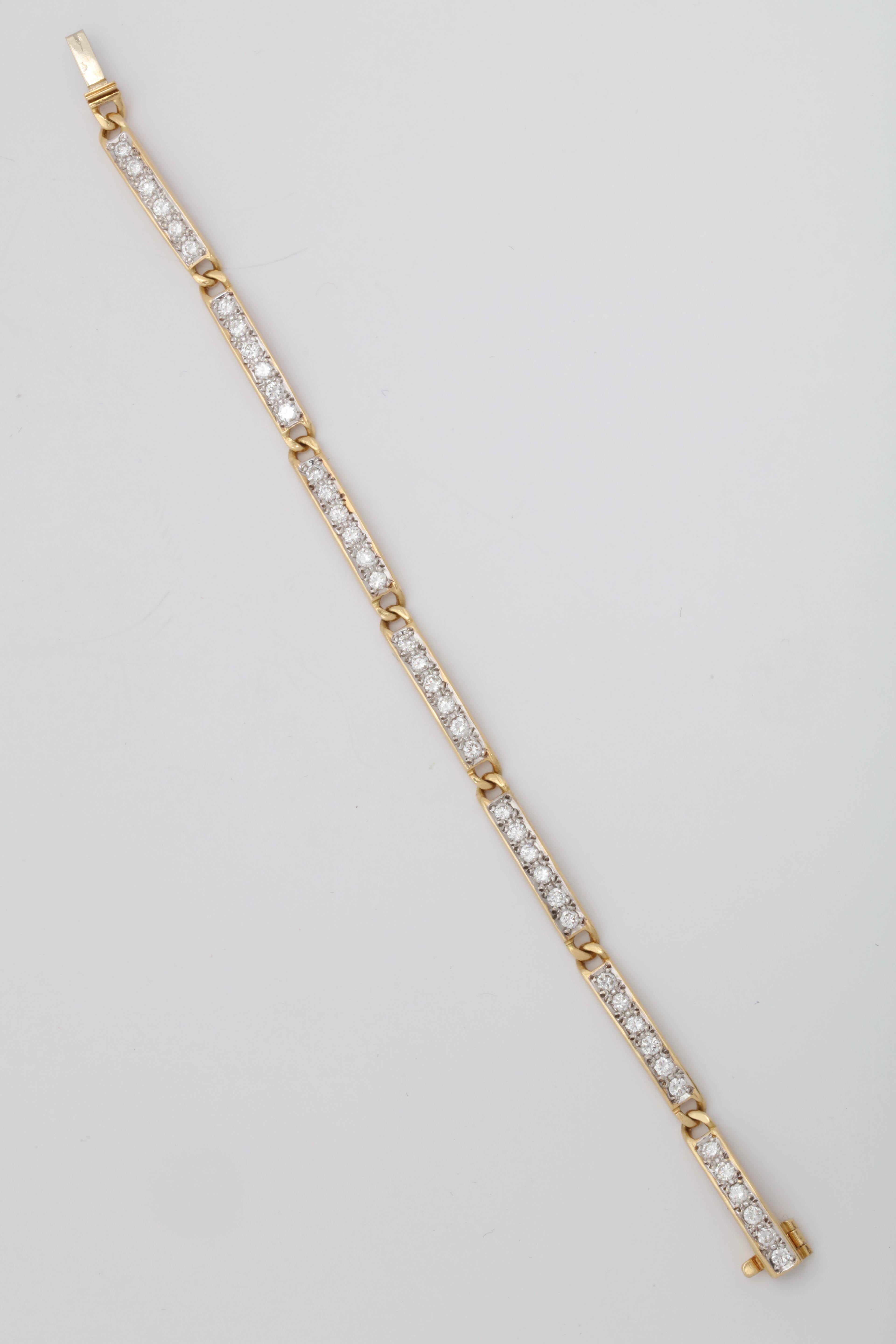 1980s Chic and High Quality French Gold with Diamonds Straightline Link Bracelet In Good Condition In New York, NY