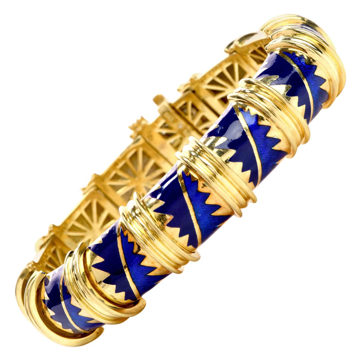MAVITO 1980s Chic Blue Enamel 18 Karat Yellow Gold Bangle Bracelet