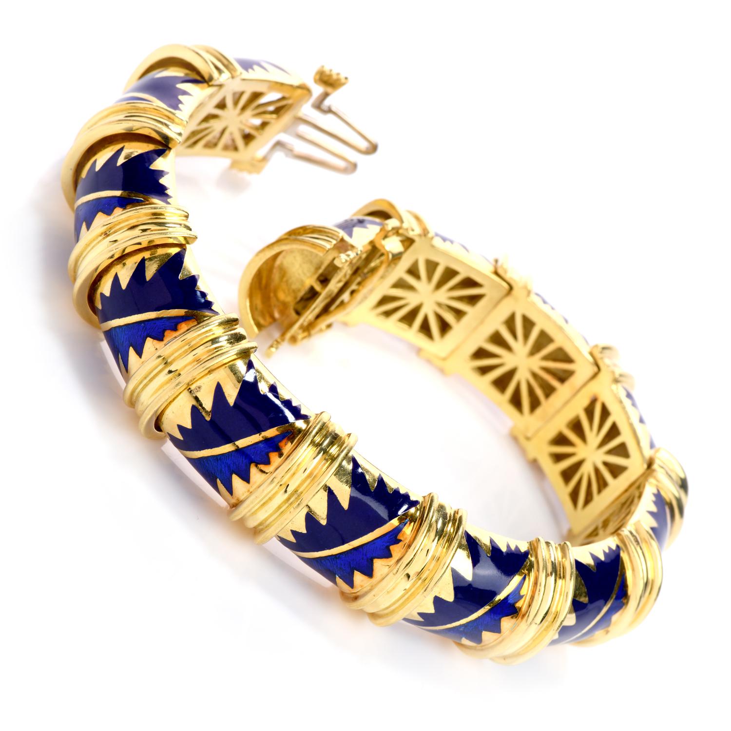 Be untamed with this Blue Enamel 18K Yellow Gold Bracelet By famous jewelry maker 