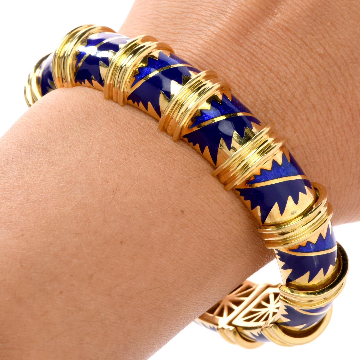 Women's MAVITO 1980s Chic Blue Enamel 18 Karat Yellow Gold Bangle Bracelet