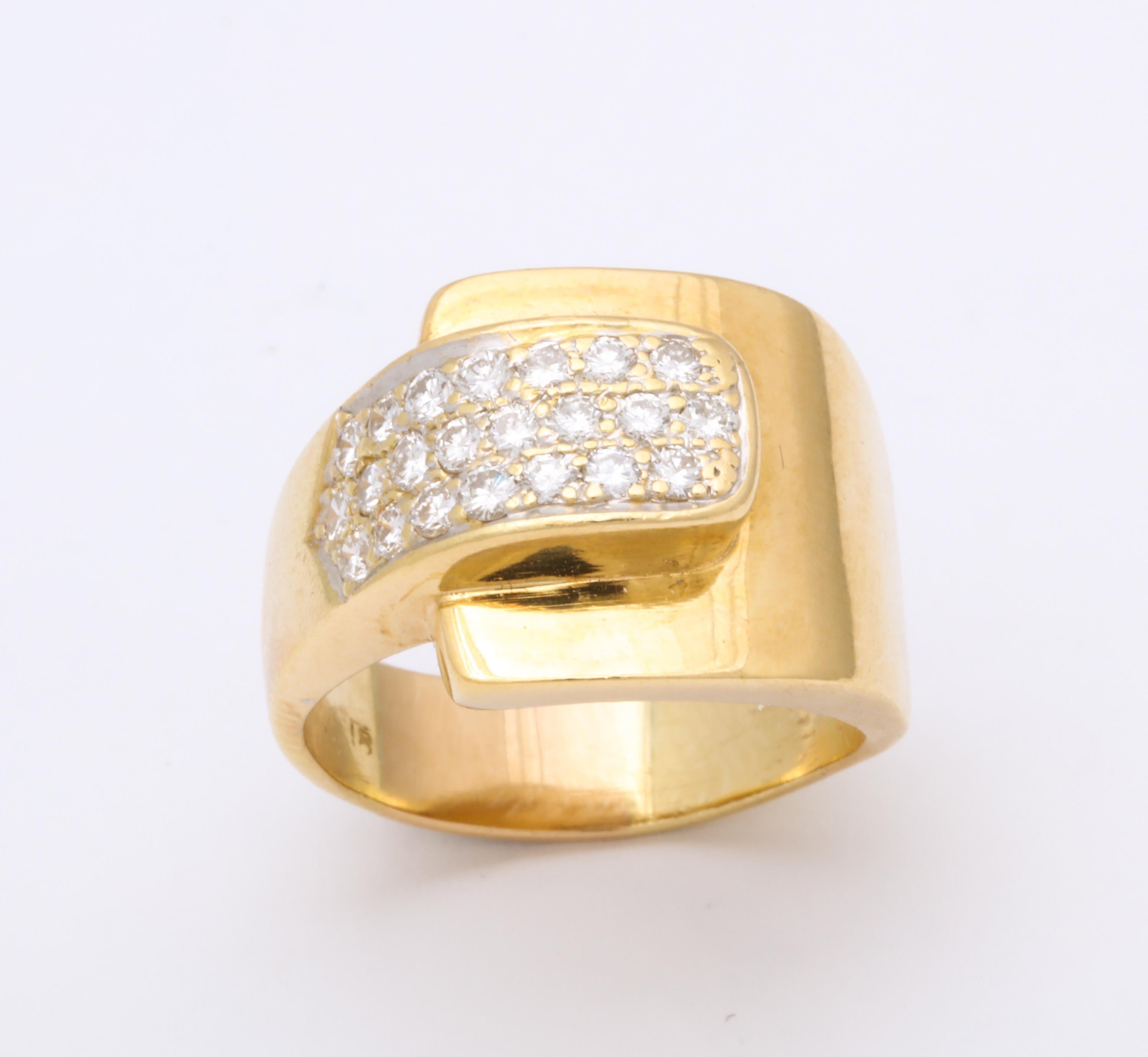 1980s Chic Buckle Design Diamonds and High Polish Gold Band Ring 5