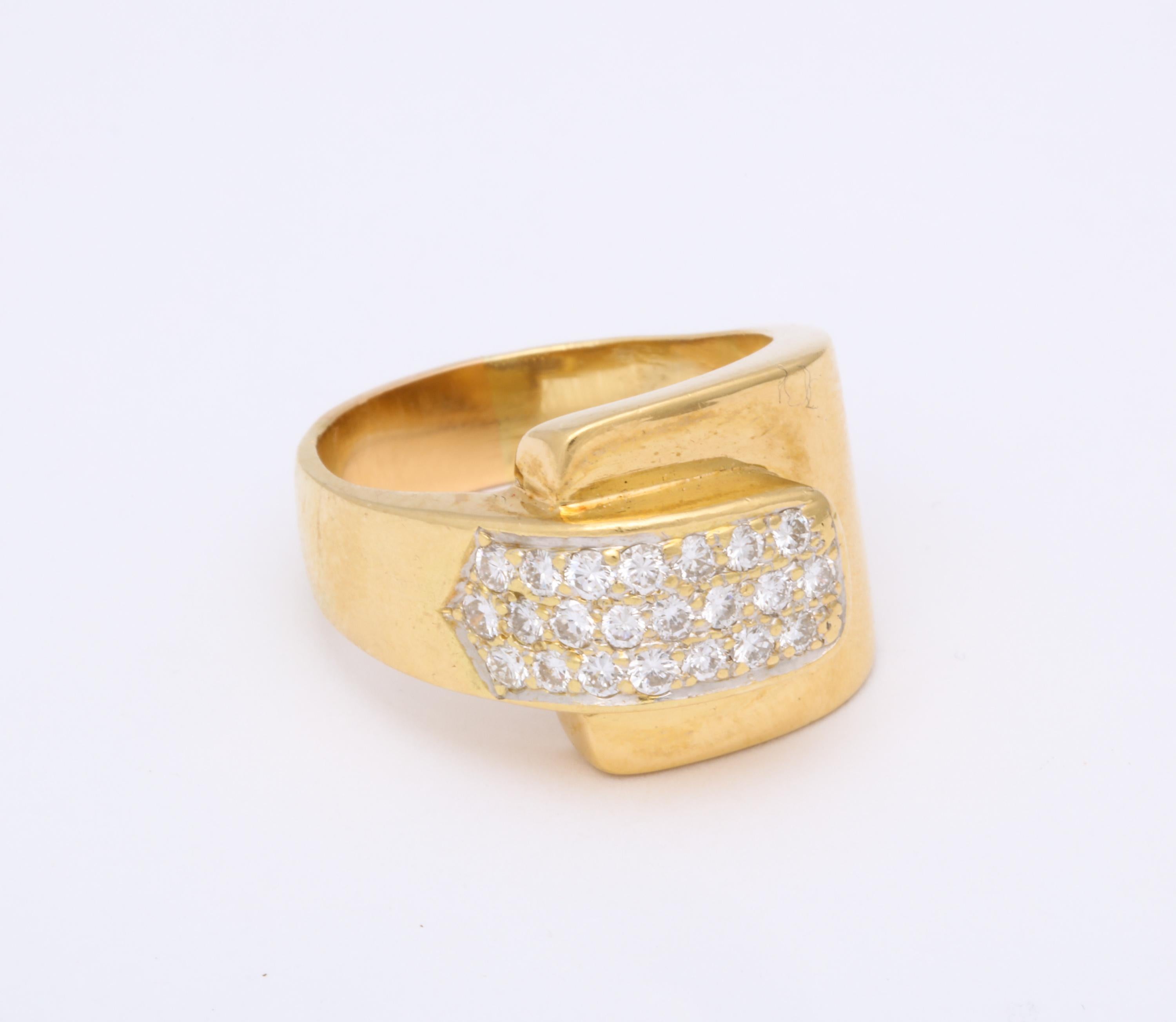 Round Cut 1980s Chic Buckle Design Diamonds and High Polish Gold Band Ring